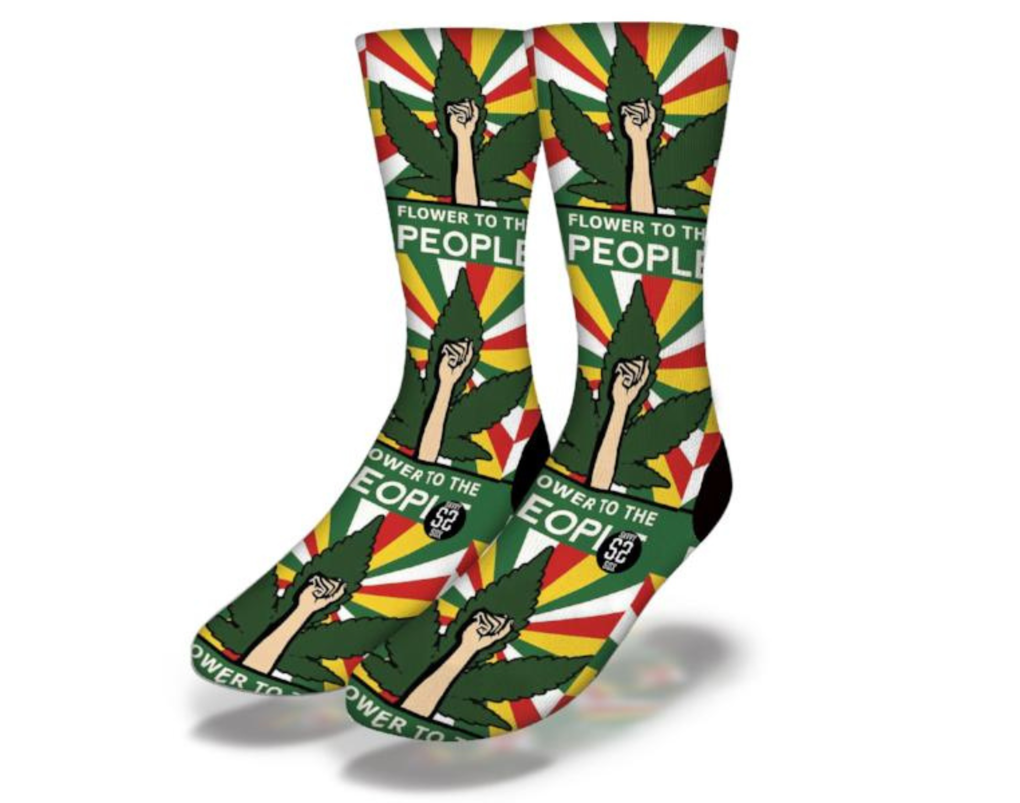 Colorful FLOWER TO THE PEOPLE Funny Weed Socks featuring a pot leaf, raised fist, and Rasta rainbow design, perfect for cannabis enthusiasts.