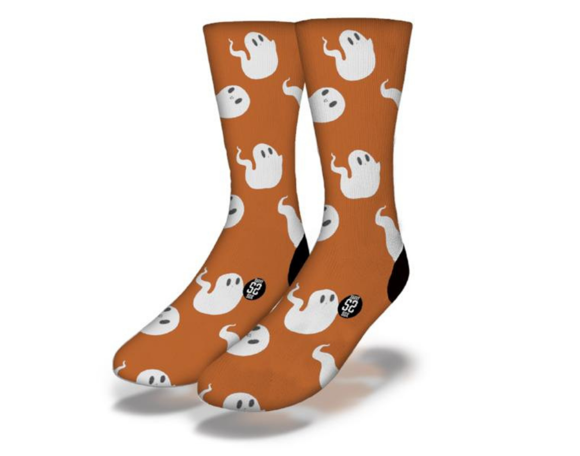 A pair of FLYING GHOST Funny Halloween Socks featuring playful ghost designs floating up the leg, perfect for Halloween festivities.