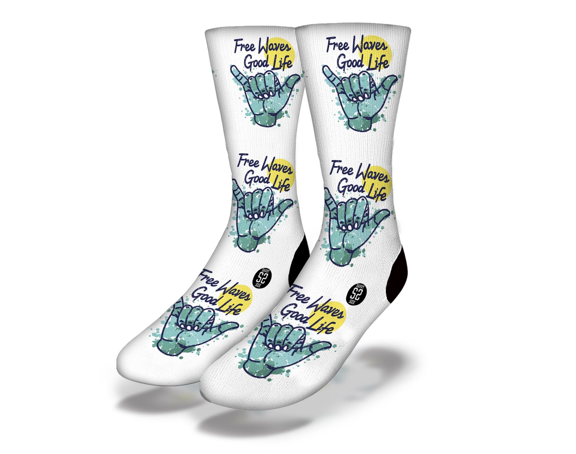 FREE WAVES GOOD LIFE Fun Surfing Socks featuring a shaka hand sign and colorful marine life designs, perfect for beach lovers.