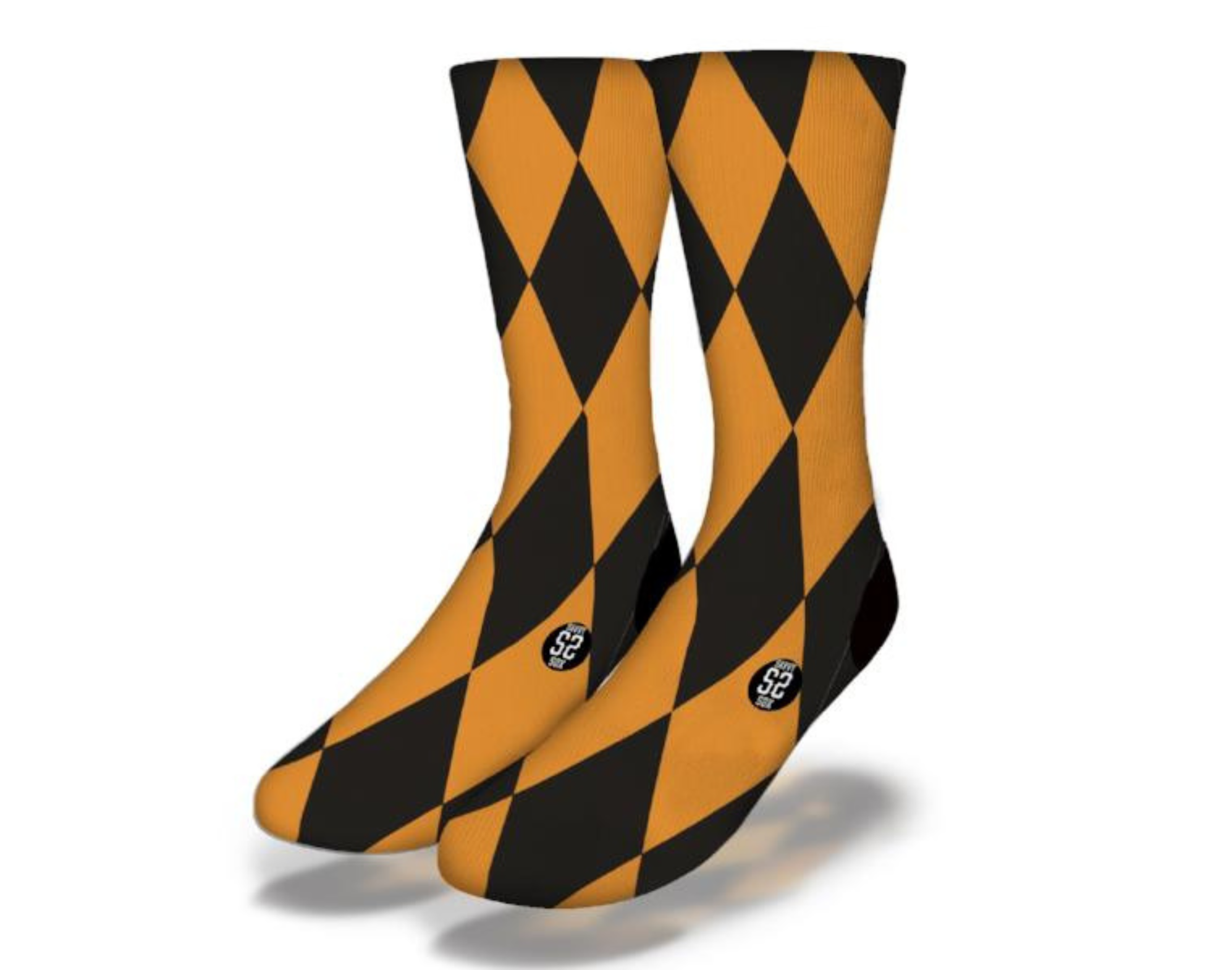 Fun Halloween HARLEQUIN DIAMOND Pattern Argyle Socks in orange and black, featuring a playful diamond design perfect for Halloween costumes.