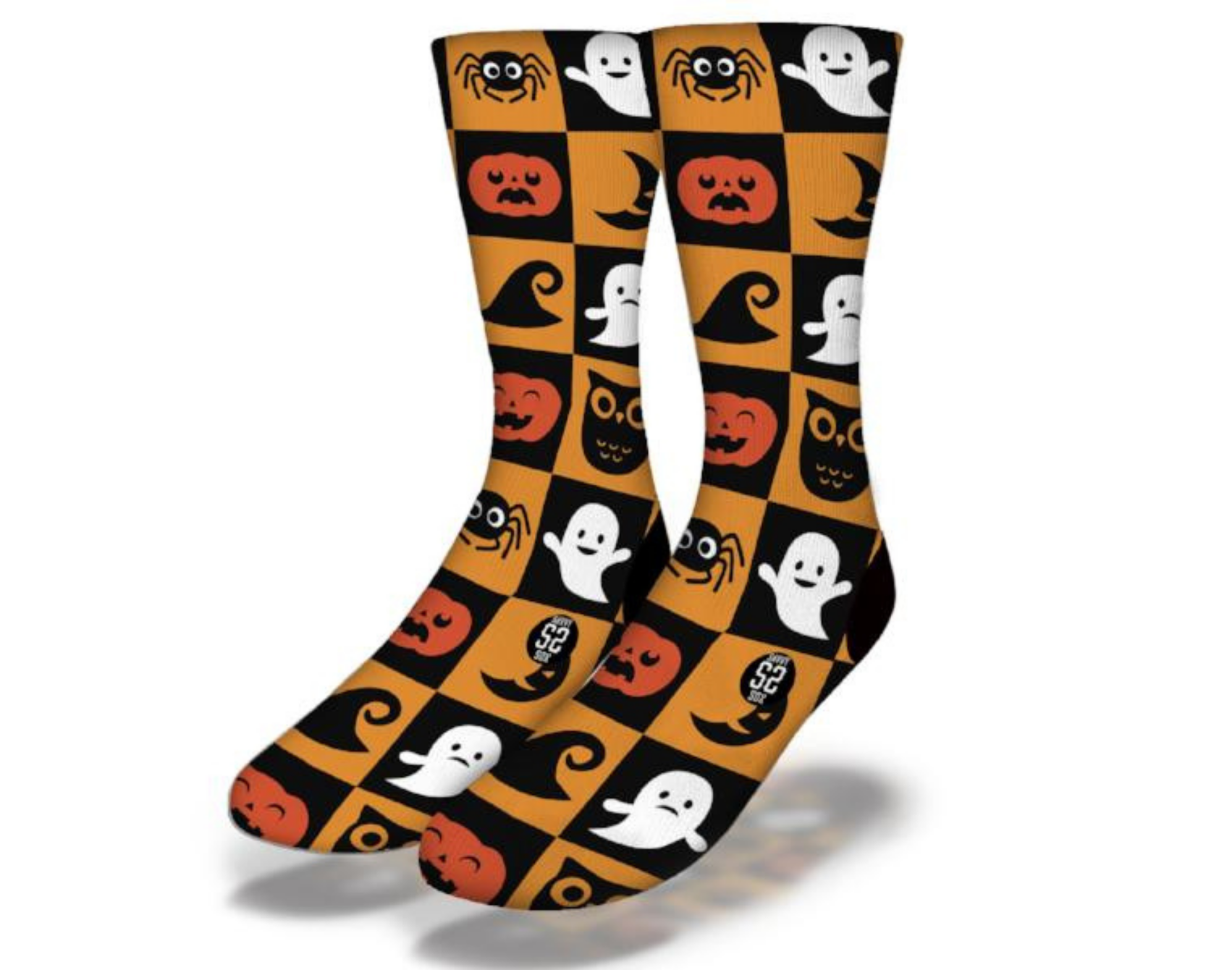 Fun Halloween Themed Checkerboard Socks featuring spiders, ghosts, pumpkins, witch hats, and owls in a colorful checkerboard pattern.