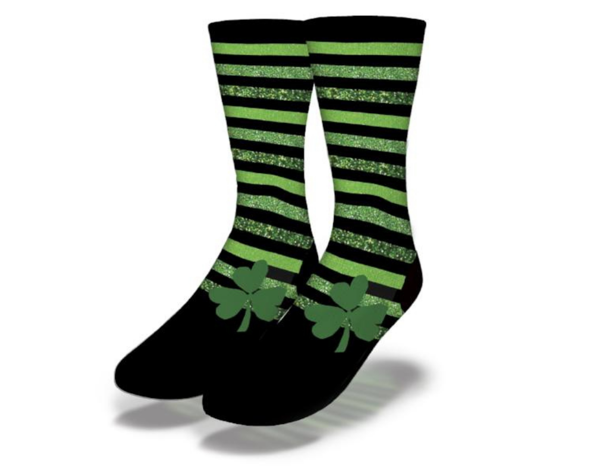 A pair of vibrant green socks featuring stripes and four-leaf clovers, perfect for St. Patrick's Day celebrations.