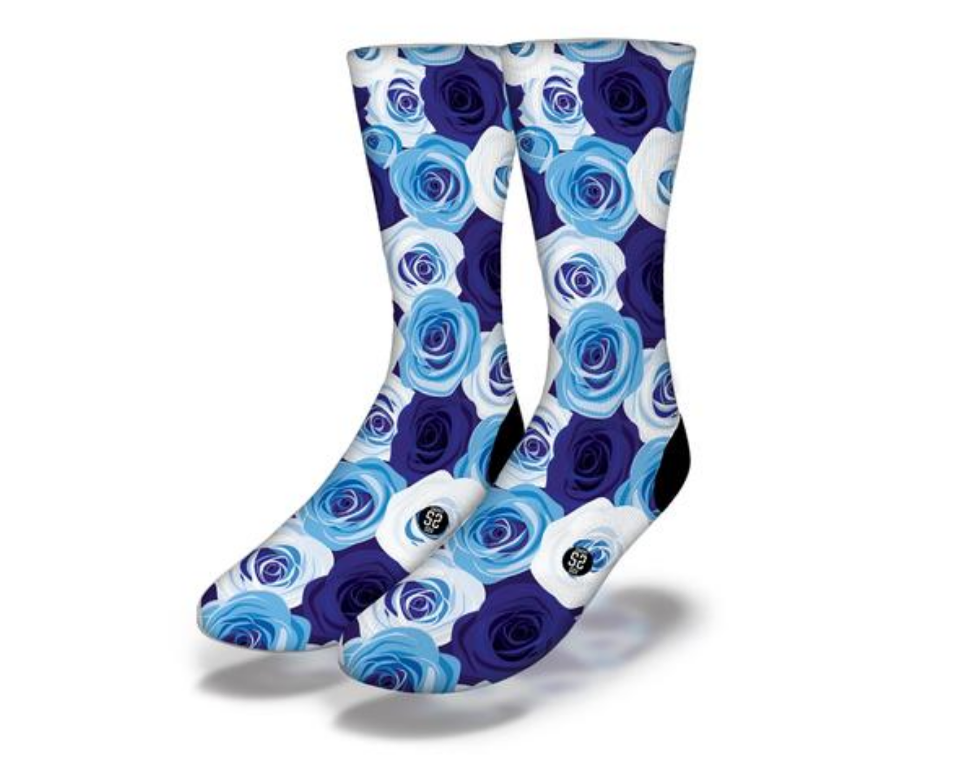 A pair of Fun Valentine's Day BLUE ROSES Socks featuring a vibrant blue roses design, perfect for gifting on Valentine's Day.