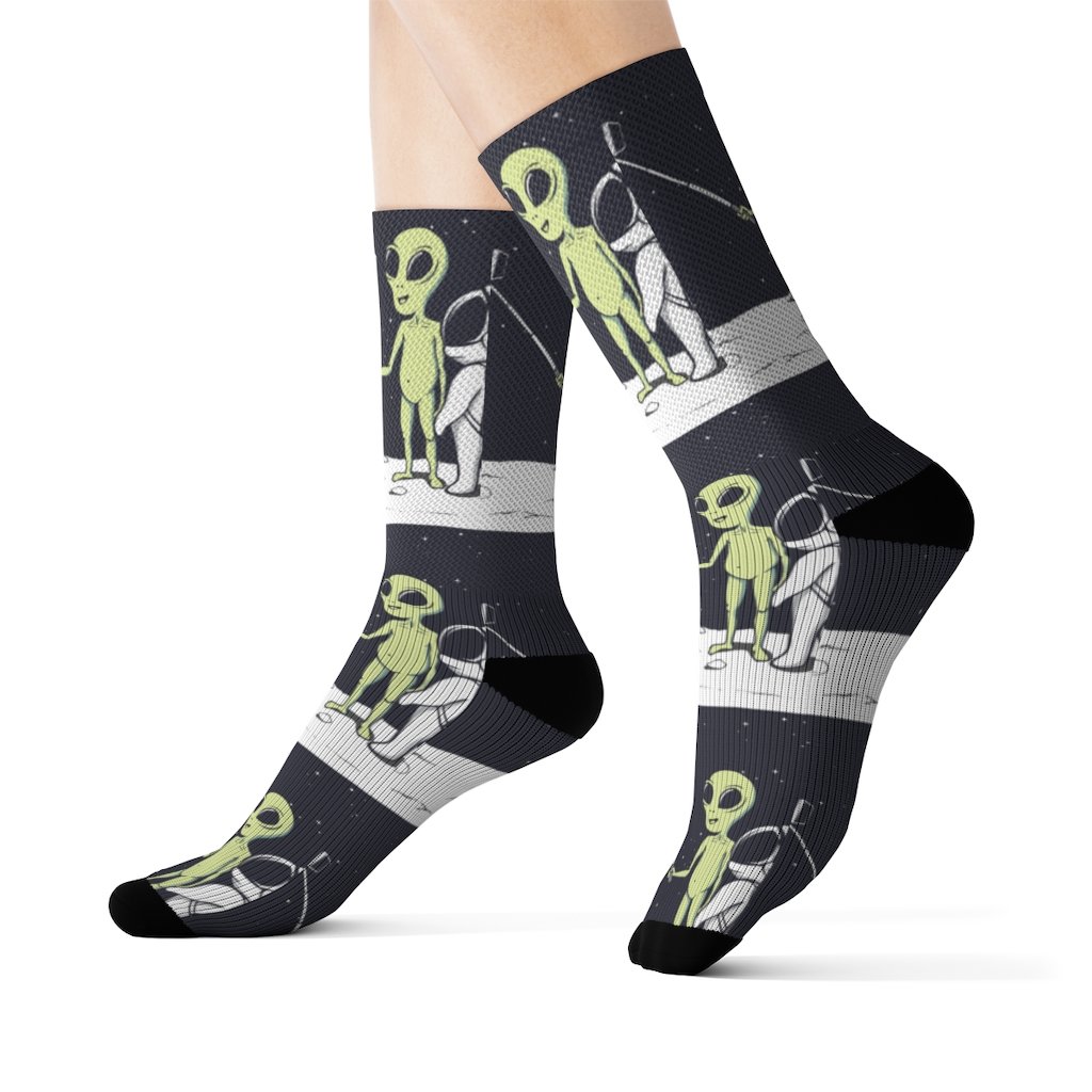 A pair of Funny Alien Selfie Socks featuring a vibrant alien print, designed for comfort and style.