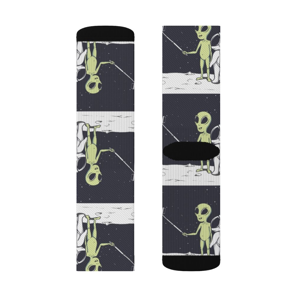 A pair of Funny Alien Selfie Socks featuring a vibrant alien print, designed for comfort and style.