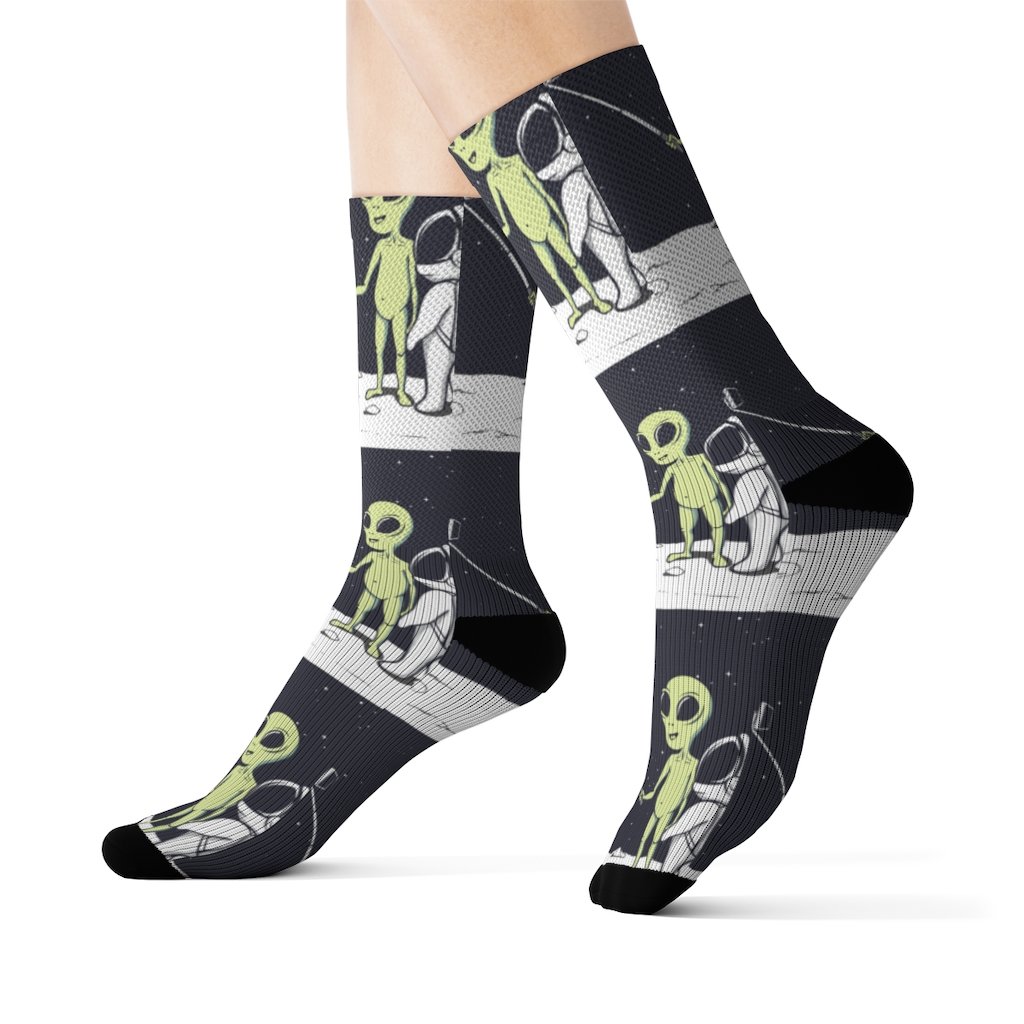 A pair of Funny Alien Selfie Socks featuring a vibrant alien print, designed for comfort and style.