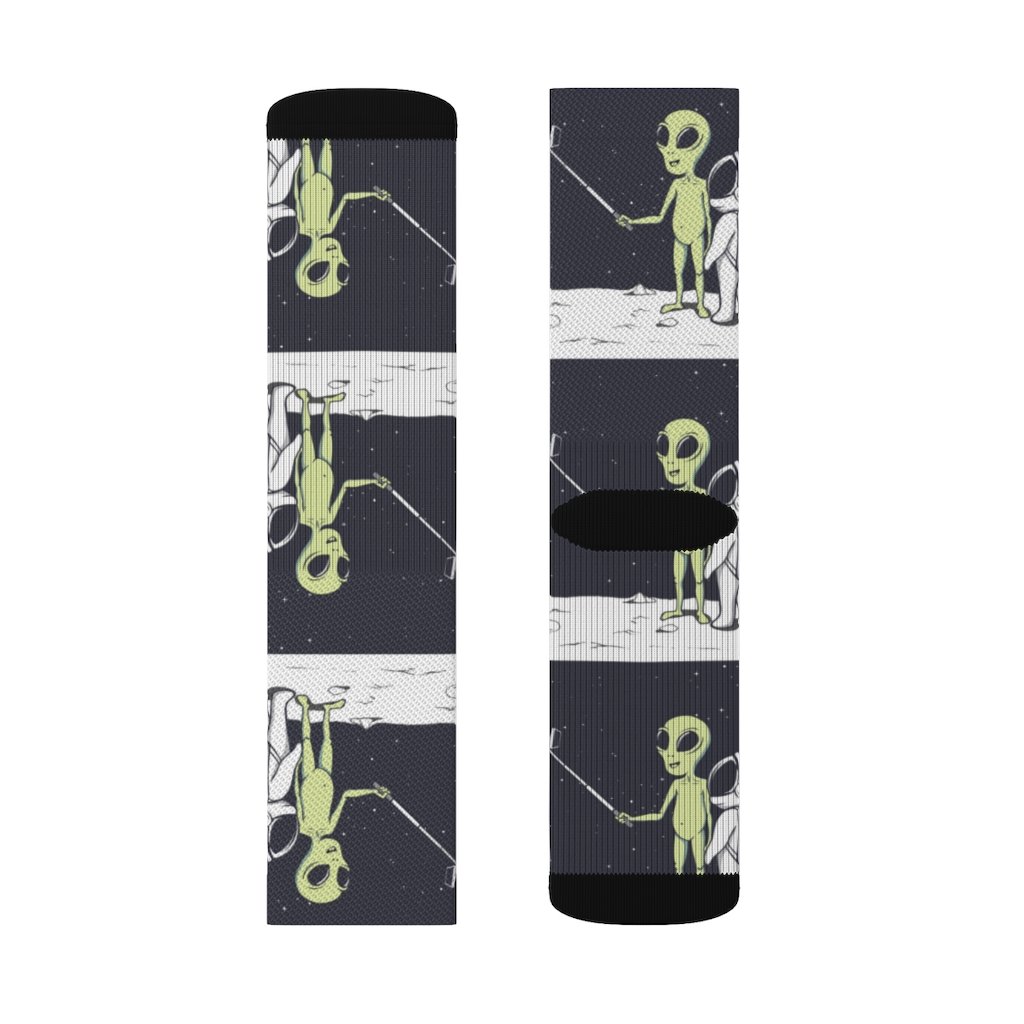 A pair of Funny Alien Selfie Socks featuring a vibrant alien print, designed for comfort and style.