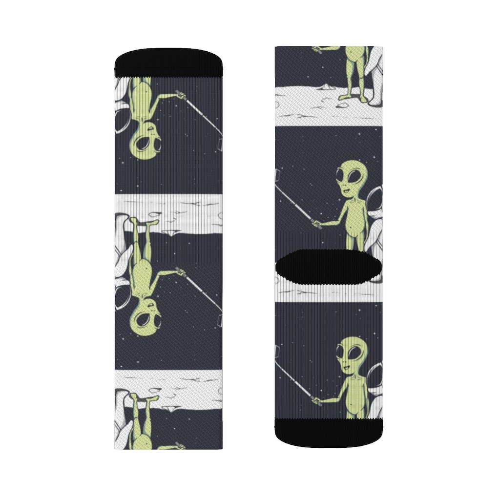 A pair of Funny Alien Selfie Socks featuring a vibrant alien print, designed for comfort and style.