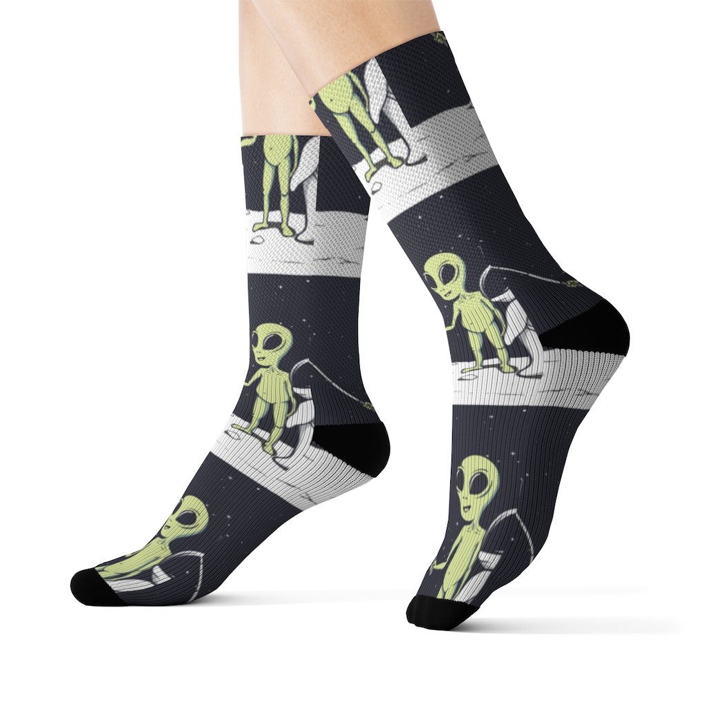 A pair of Funny Alien Selfie Socks featuring a vibrant alien print, designed for comfort and style.