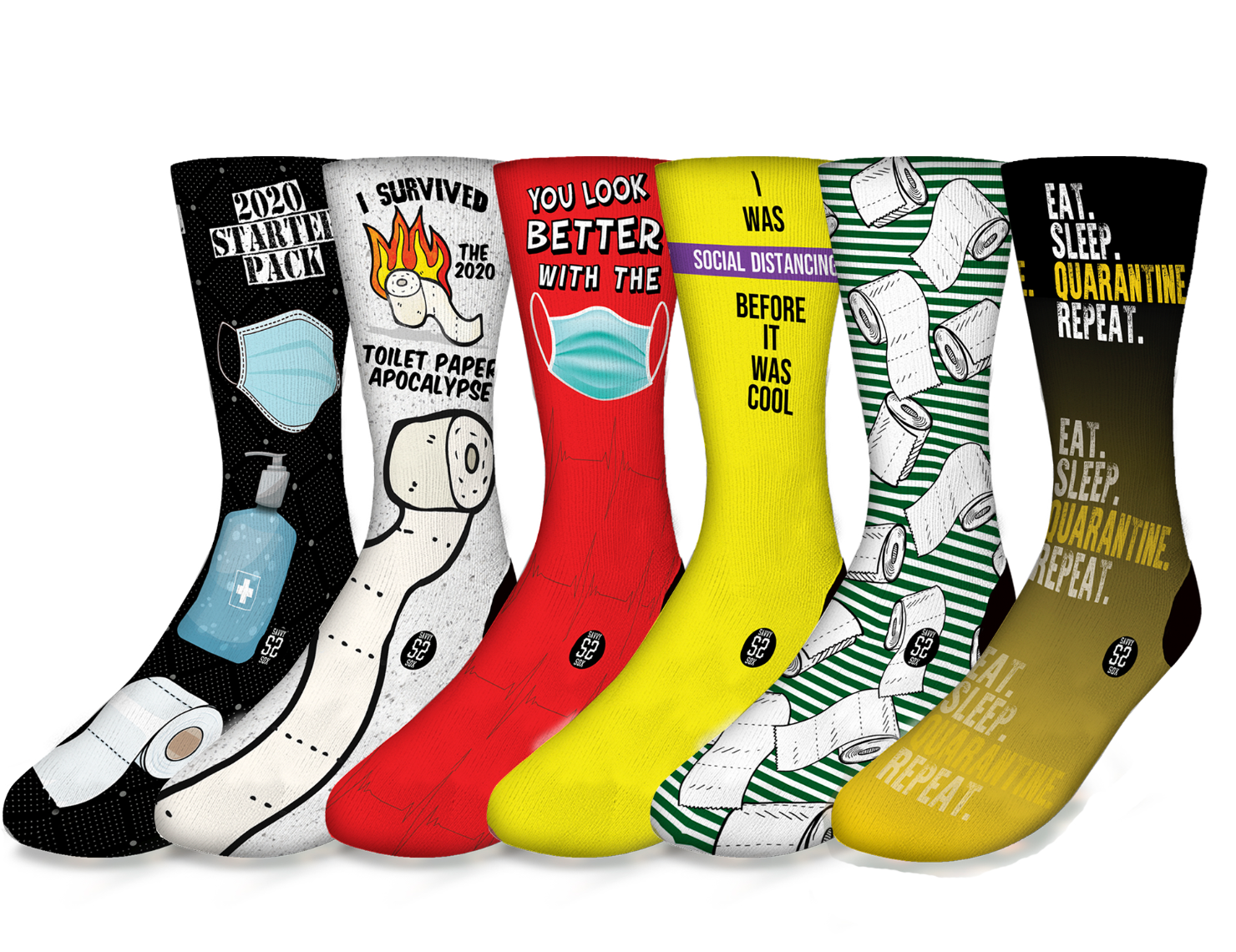 A pair of colorful custom picture socks featuring humorous pandemic-themed designs, showcasing vibrant colors and personalized images.