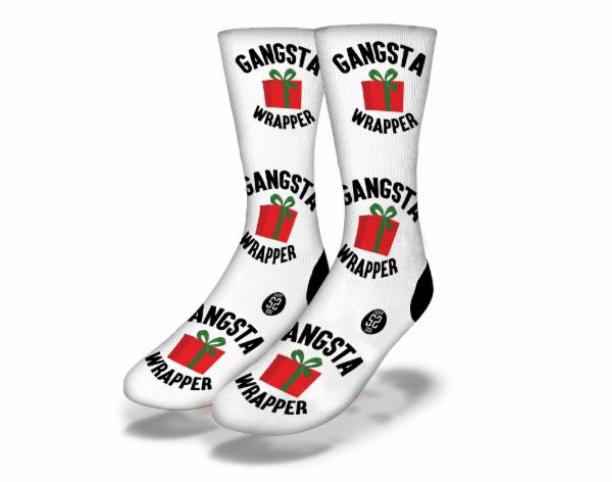 GANGSTA WRAPPER Funny Christmas Socks featuring a humorous design perfect for hip hop lovers during the holiday season.