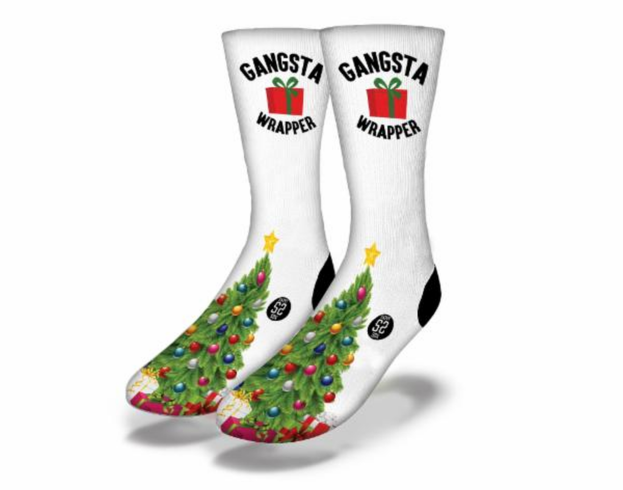 GANGSTA WRAPPER Funny Christmas Socks featuring a playful design perfect for hip hop enthusiasts celebrating the holiday season.