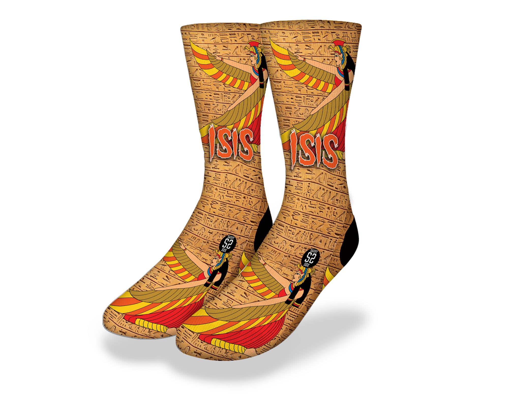 Golden Isis Egyptian God socks featuring vibrant colors and intricate designs inspired by ancient Egyptian mythology.