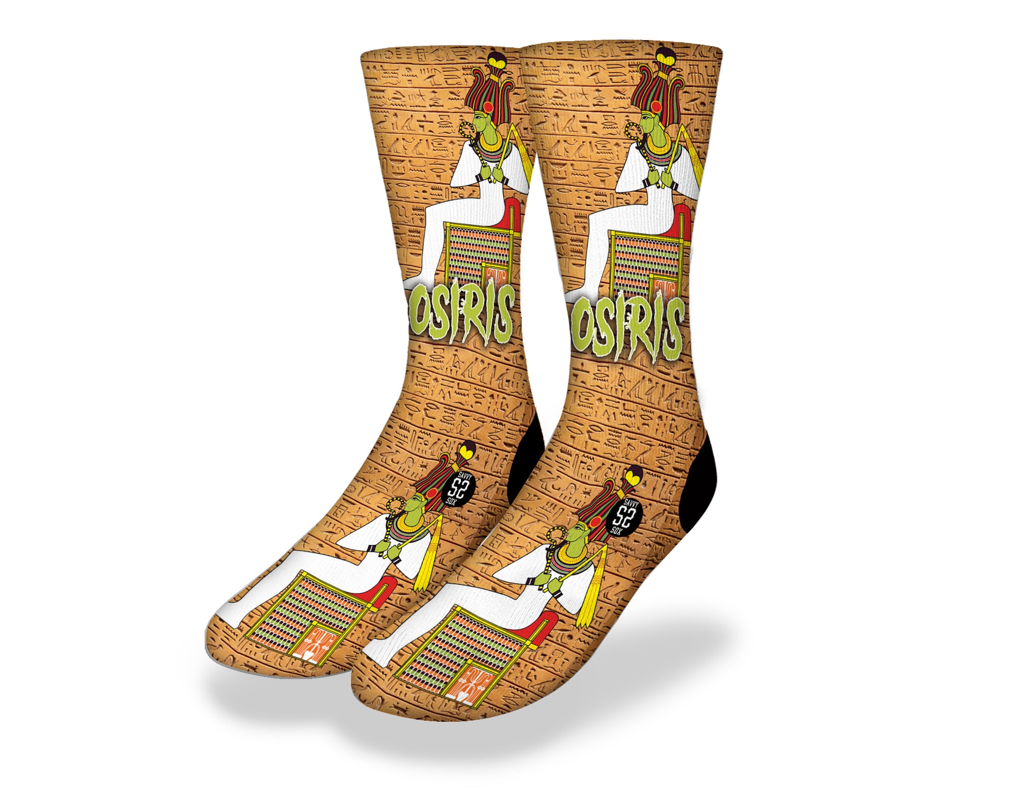 GOLDEN OSIRIS EGYPTIAN GOD Fun World Socks featuring vibrant colors and intricate designs inspired by ancient Egyptian mythology.