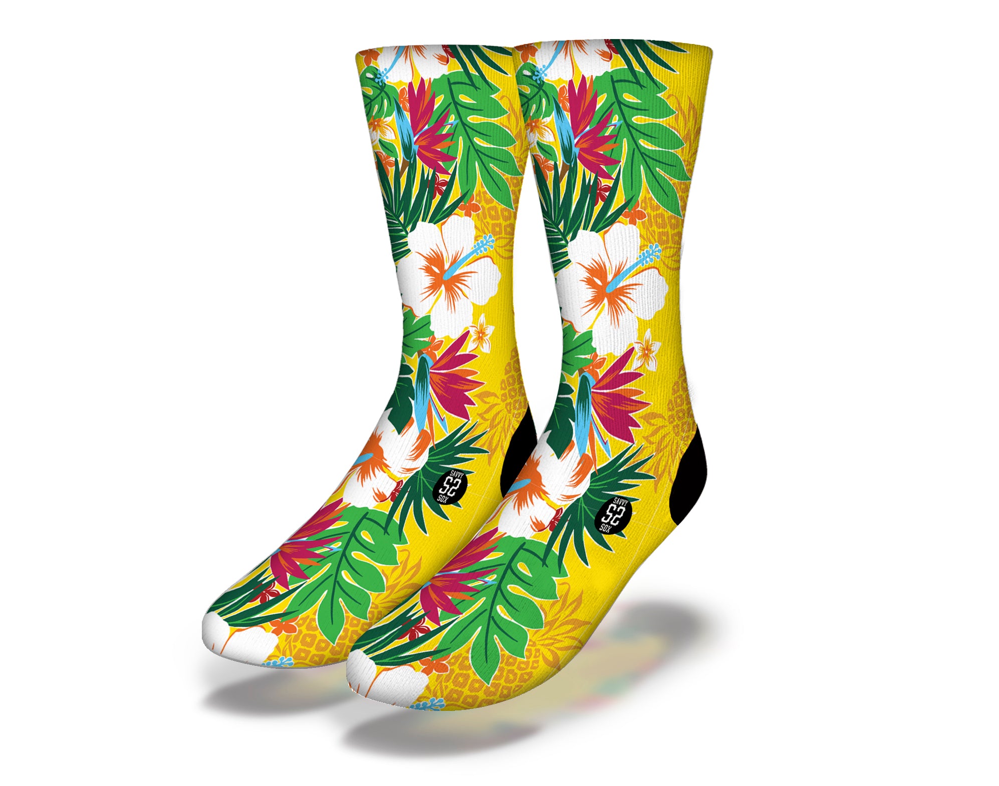 A pair of vibrant socks featuring Hawaiian florals including hibiscus and plumeria, perfect for beach lovers.