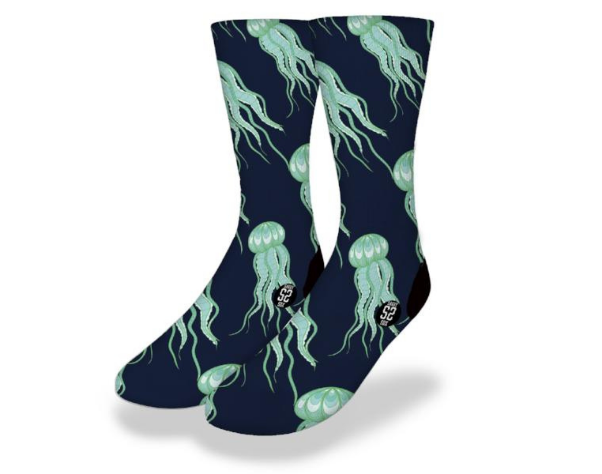 A pair of vibrant green glowing jellyfish socks featuring a unique marine design, perfect for ocean lovers.