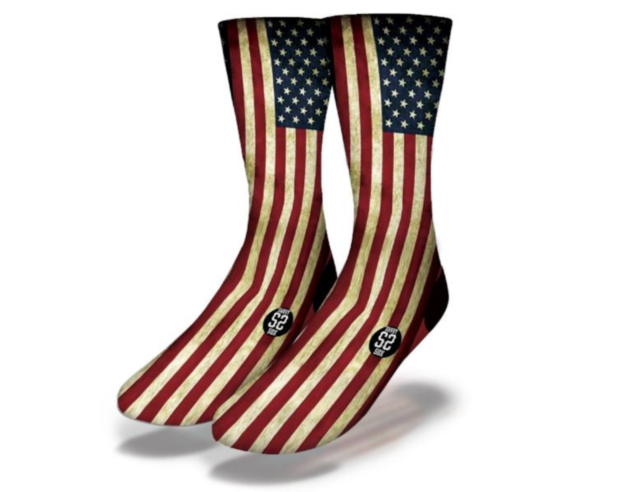 A pair of GRUNGE AMERICAN FLAG Soccer Socks featuring a distressed American flag design, perfect for soccer fans.