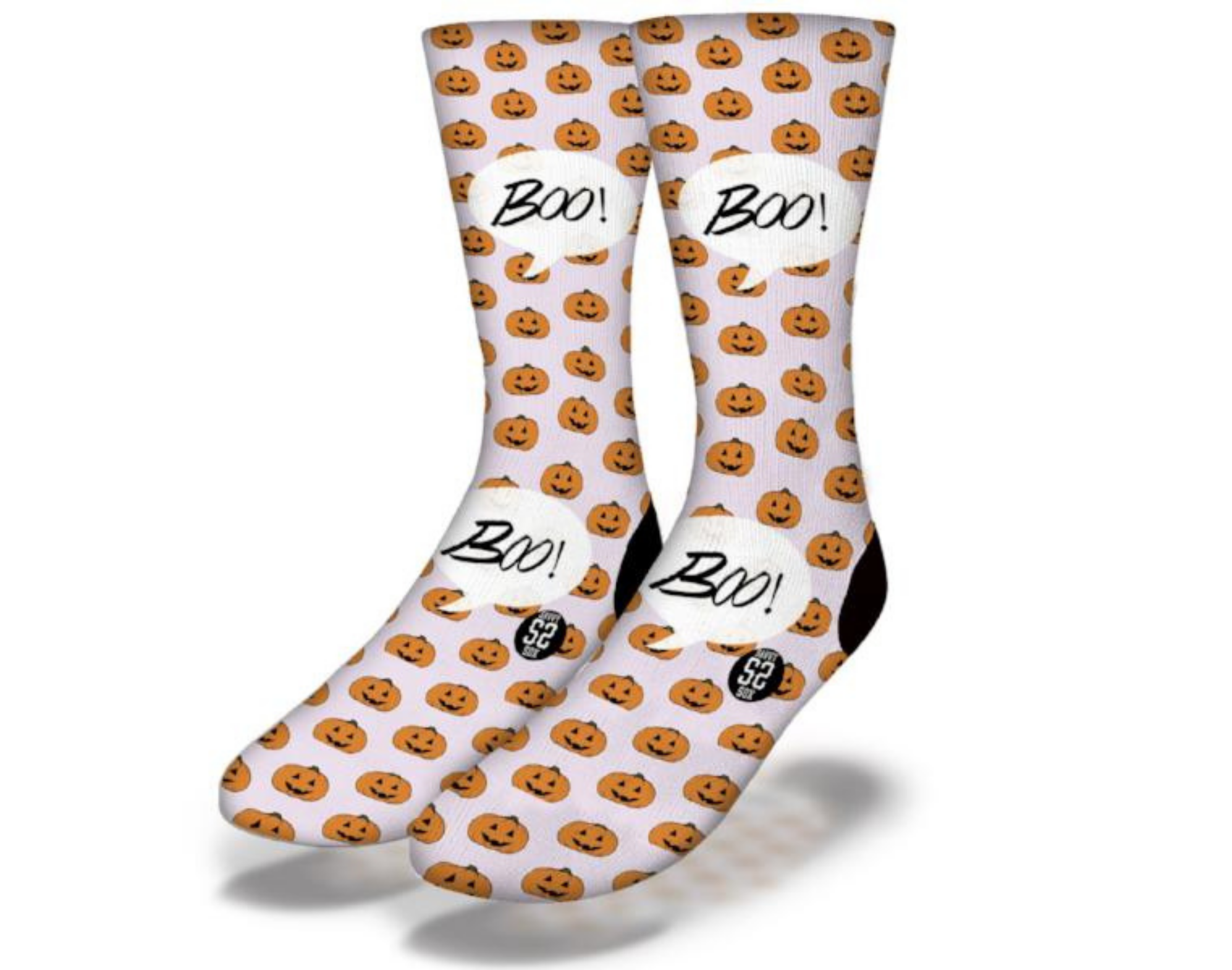 A pair of Halloween (Style 19) Socks featuring spooky designs like pumpkins and ghosts, perfect for festive occasions.