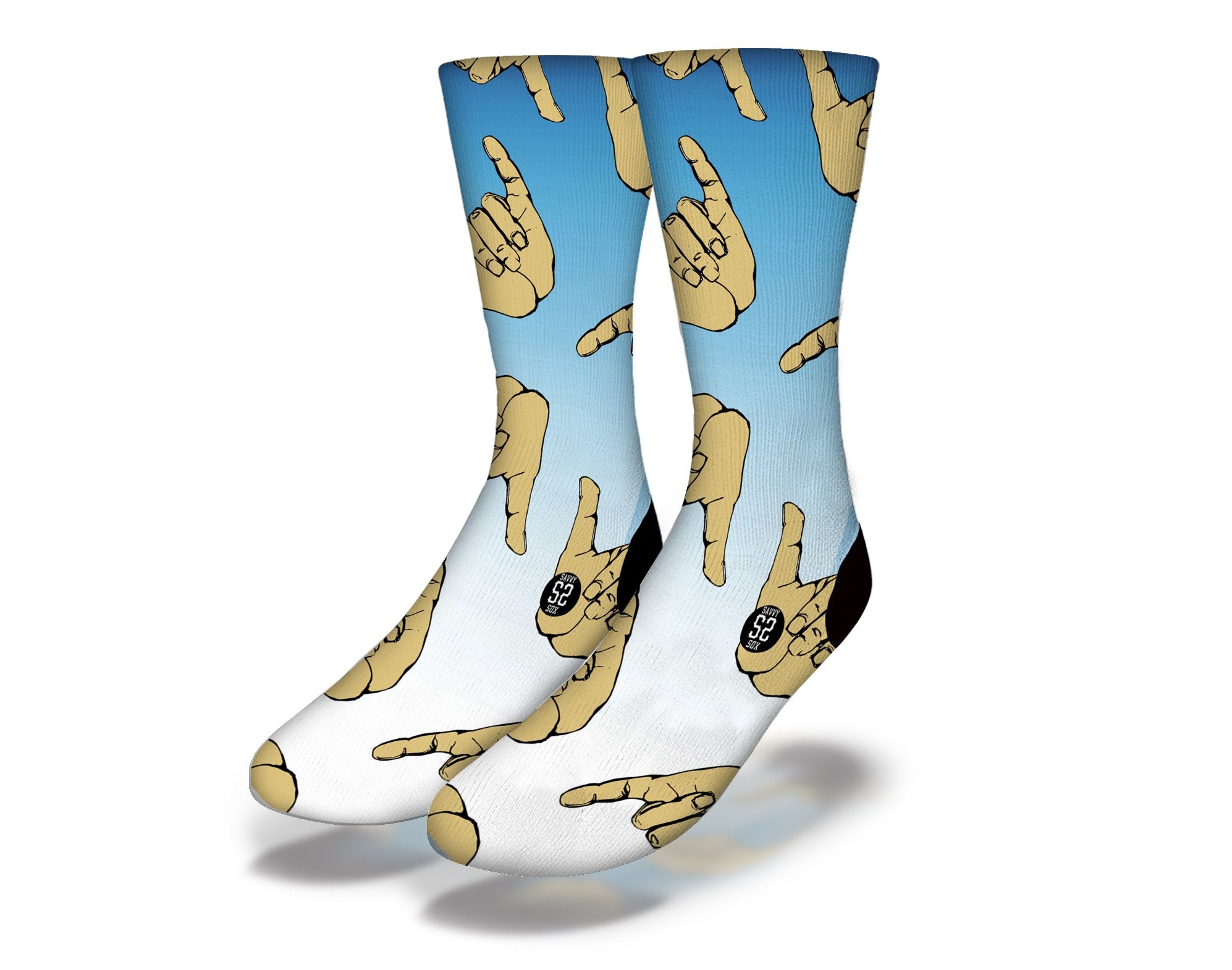 HANG LOOSE BLUE SKIES Fun Surfing Socks featuring vibrant ocean-themed designs and the shaka hand sign, perfect for beach lovers.