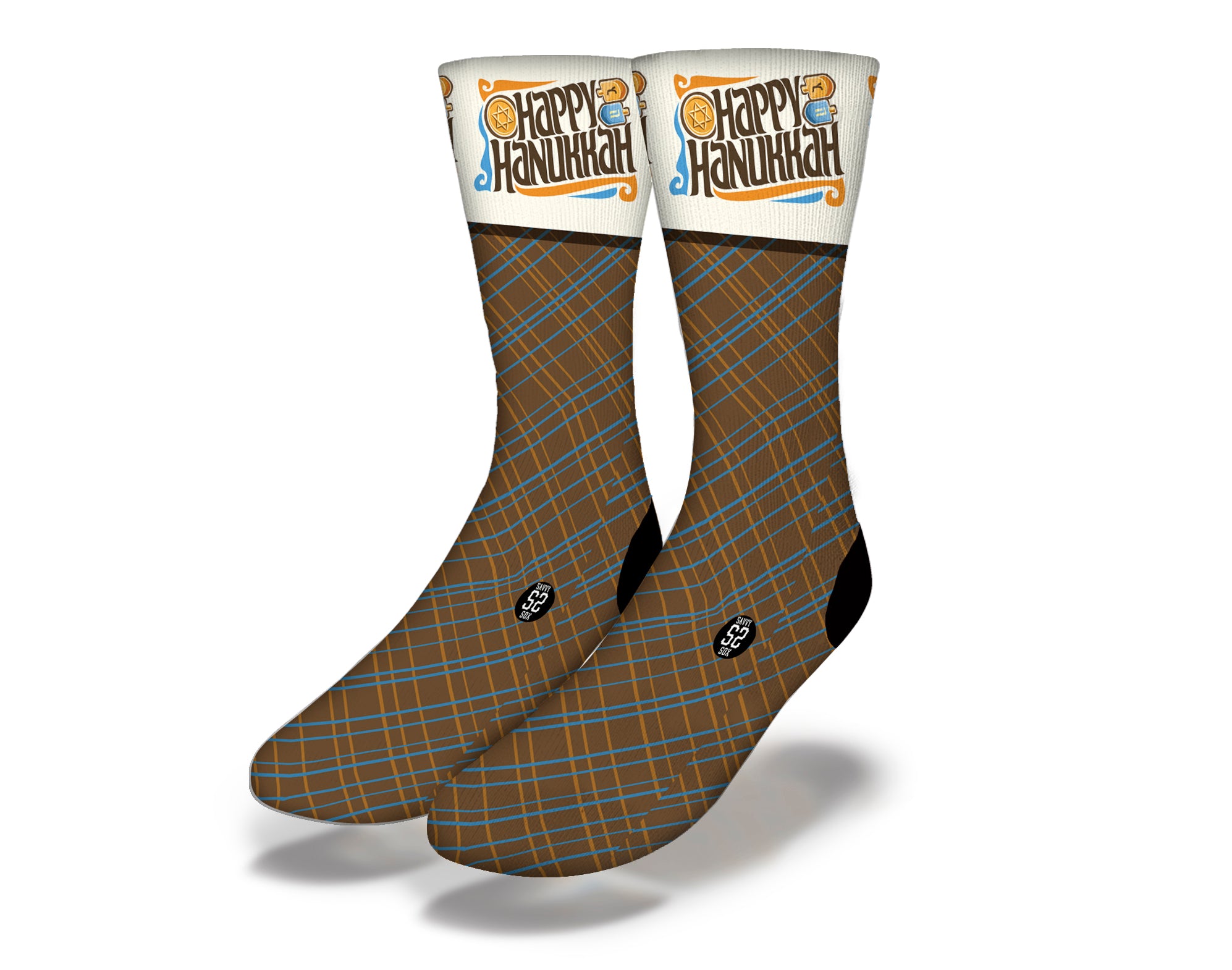 HAPPY HANUKKAH PLAID Fun Hanukkah Socks featuring a brown and blue plaid design, perfect for festive celebrations.