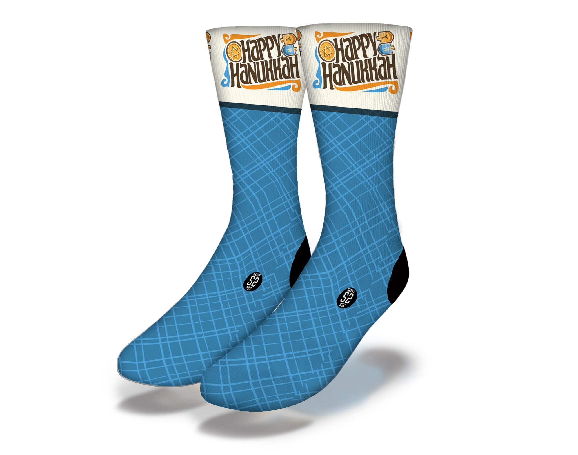 Happy Hanukkah socks featuring festive designs with menorahs and dreidels, perfect for holiday celebrations.