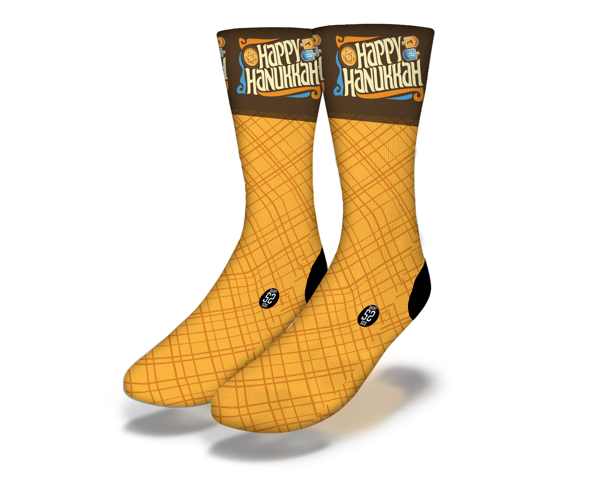 A pair of festive Happy Hanukkah socks featuring colorful designs of menorahs and dreidels, perfect for holiday celebrations.