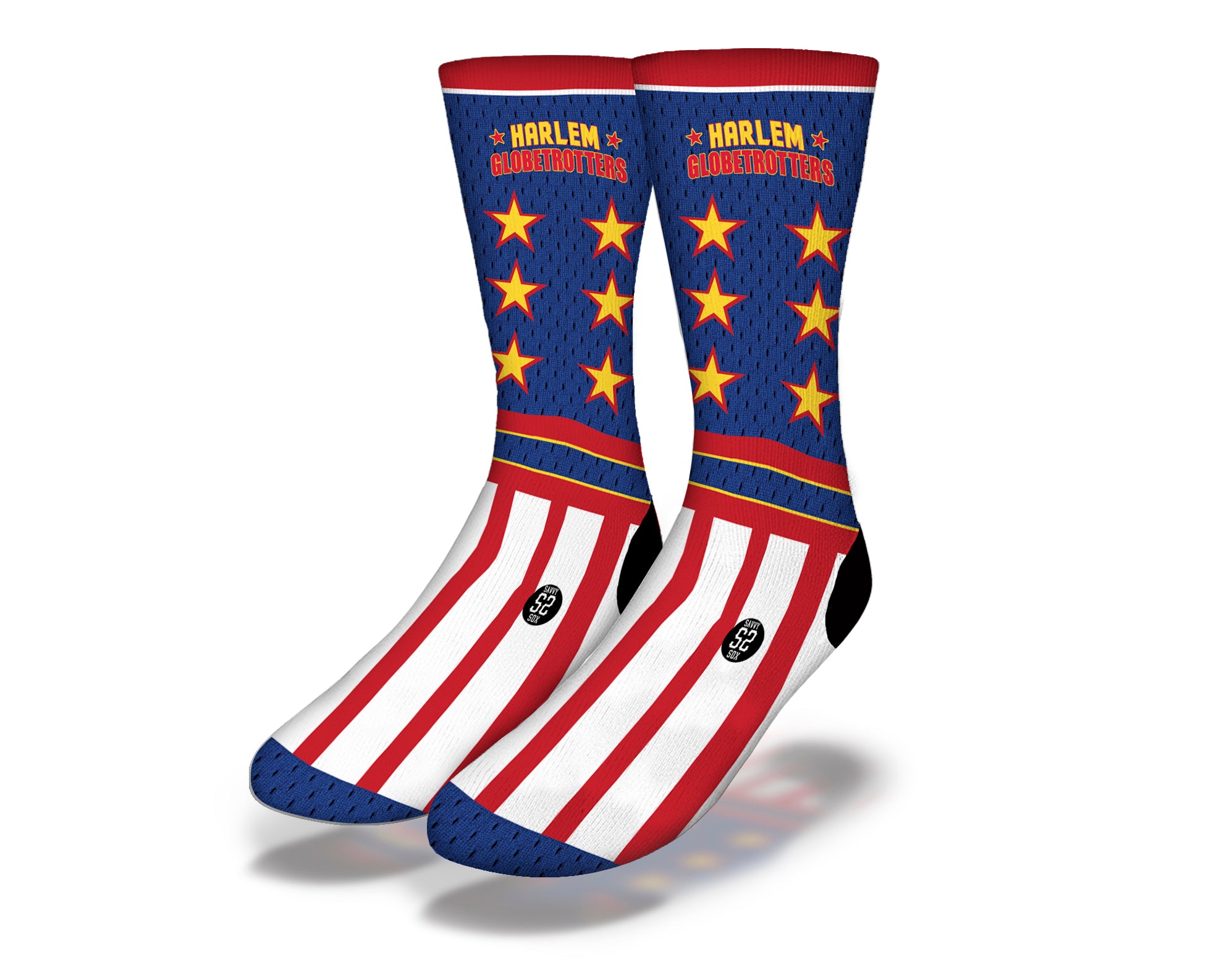 HARLEM GLOBETROTTERS JERSEY BALLER Basketball Socks featuring vibrant red, gold, and blue colors with a fun sports-themed design.