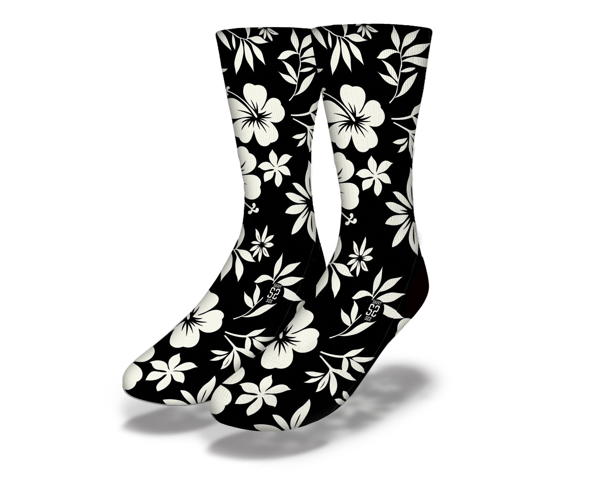 Hawaiian Hibiscus Flowers in Black Fun Beach Life Socks featuring vibrant floral patterns on a black background, perfect for beach lovers.