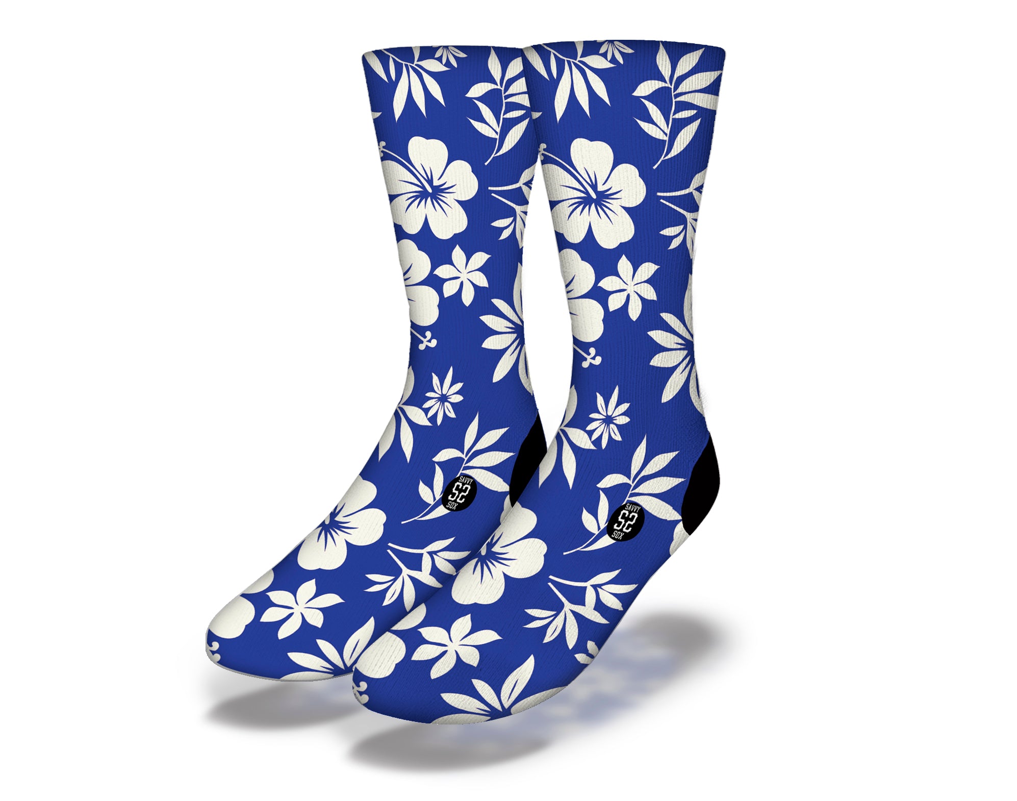 Hawaiian Hibiscus Flowers in Blue Beach Life Socks featuring vibrant floral patterns on a royal blue background, perfect for beach lovers.