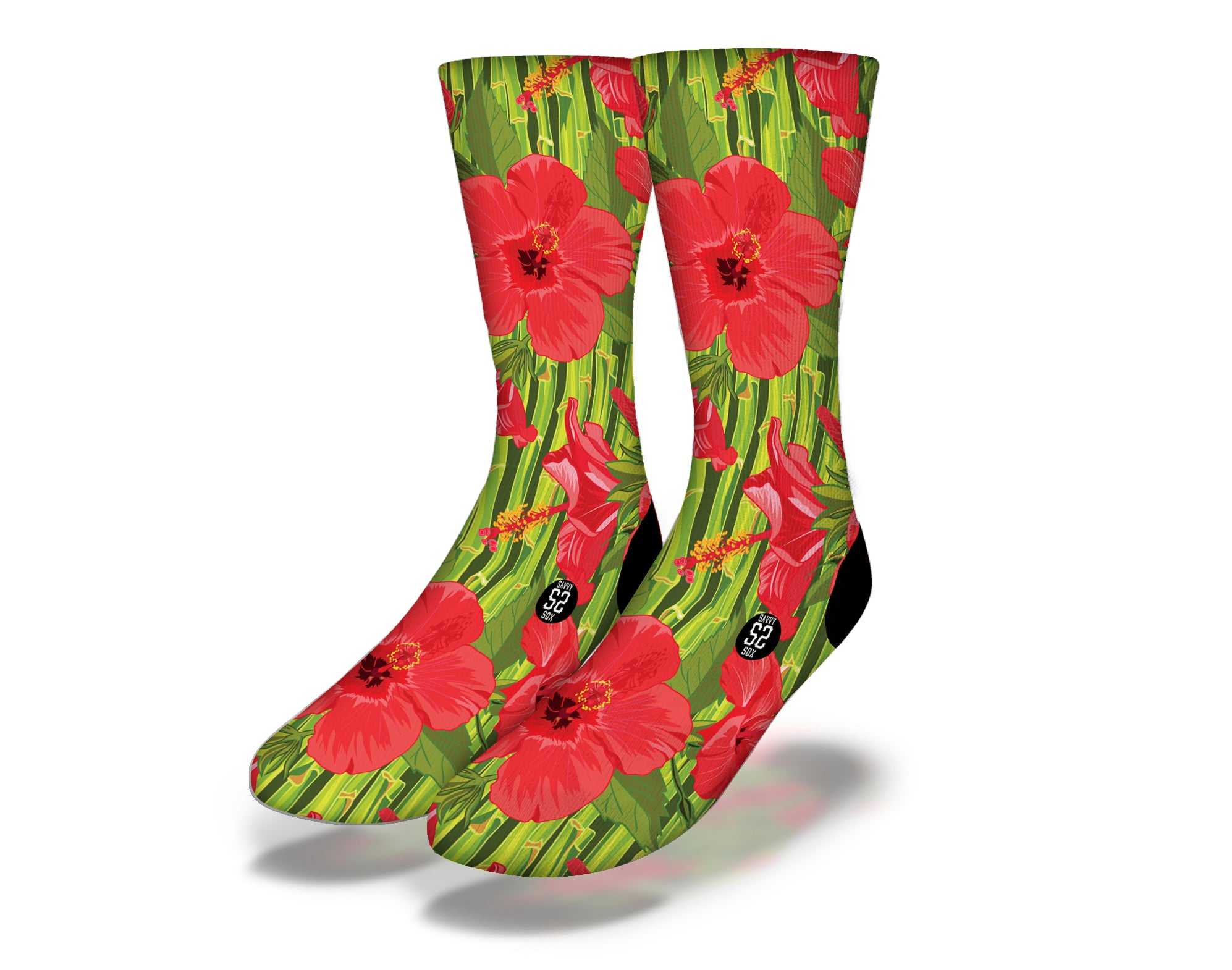 Bright red Hawaiian hibiscus flowers on bamboo patterned fun socks, perfect for beach lovers and family gatherings.