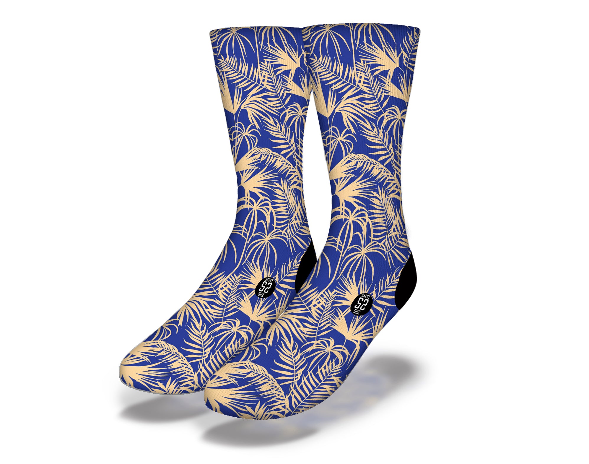 HAWAIIAN PALMS Fun Beach Life Socks featuring vibrant royal palm fronds and ocean creatures on a deep blue background.