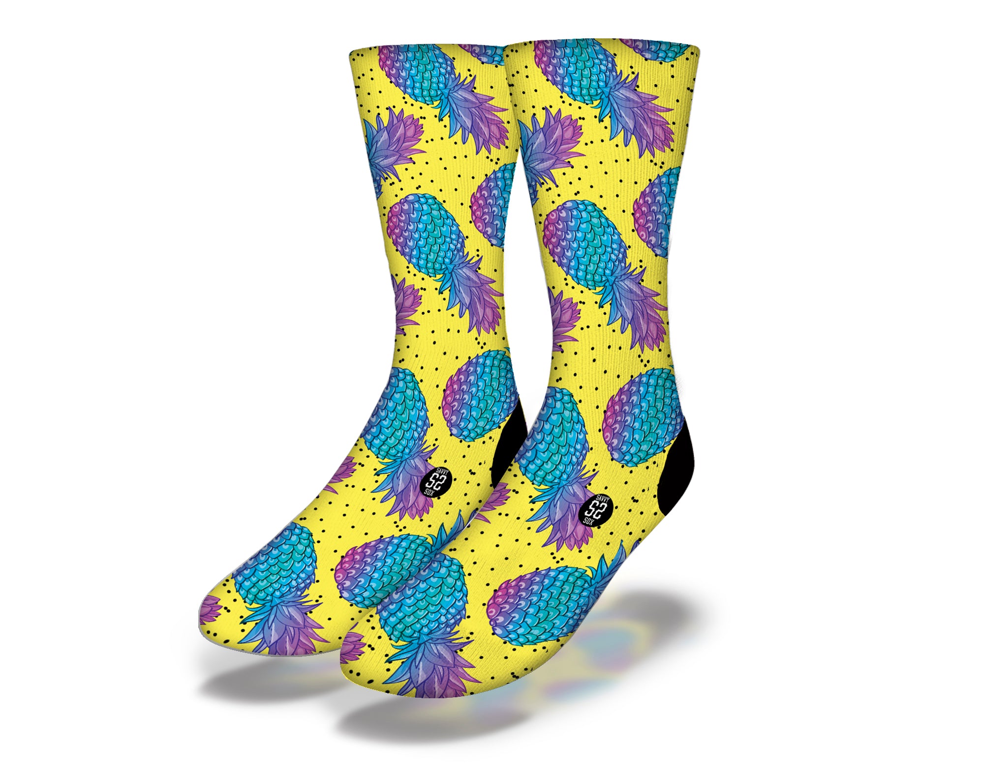 A pair of colorful Hawaiian Pineapples Socks featuring a vibrant pineapple pattern on a soft fabric.