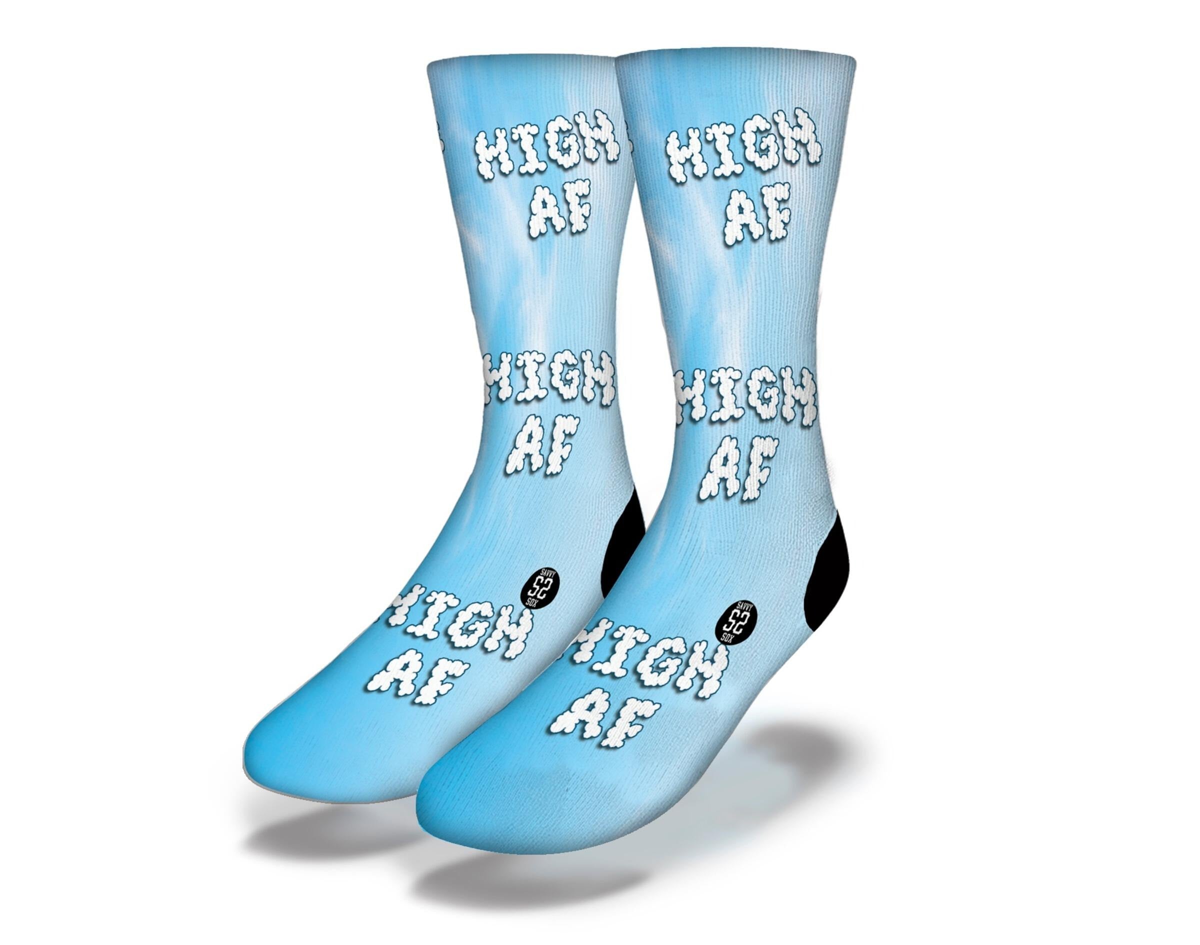 HIGH AF CLOUDS funny weed socks featuring vibrant aqua color and marijuana pot leaf design, perfect for stoners.