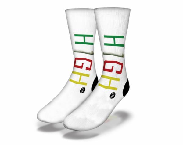 A pair of colorful H.I.G.H. Funny Weed Socks featuring vibrant marijuana pot leaf designs, perfect for 420-friendly stoners.