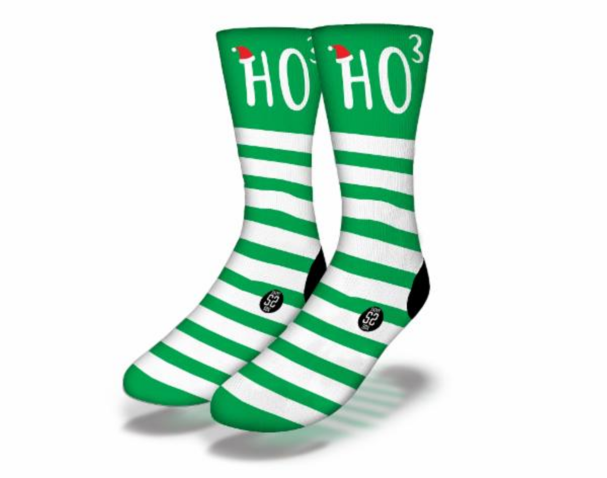 A pair of green striped Christmas socks with 'HO HO HO' design, perfect for festive occasions.