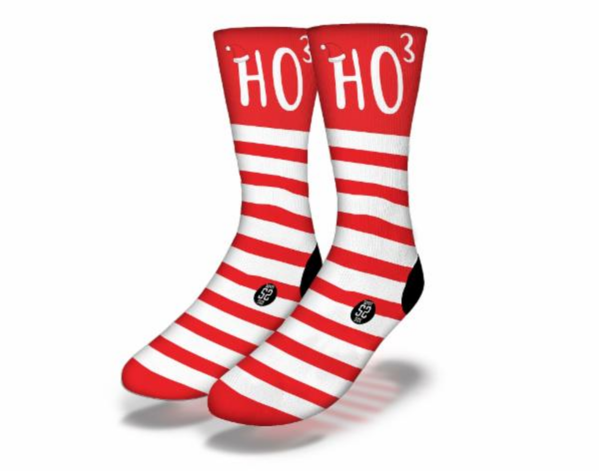 A pair of festive red striped Christmas socks with the phrase 'HO HO HO' printed on them, perfect for holiday celebrations.