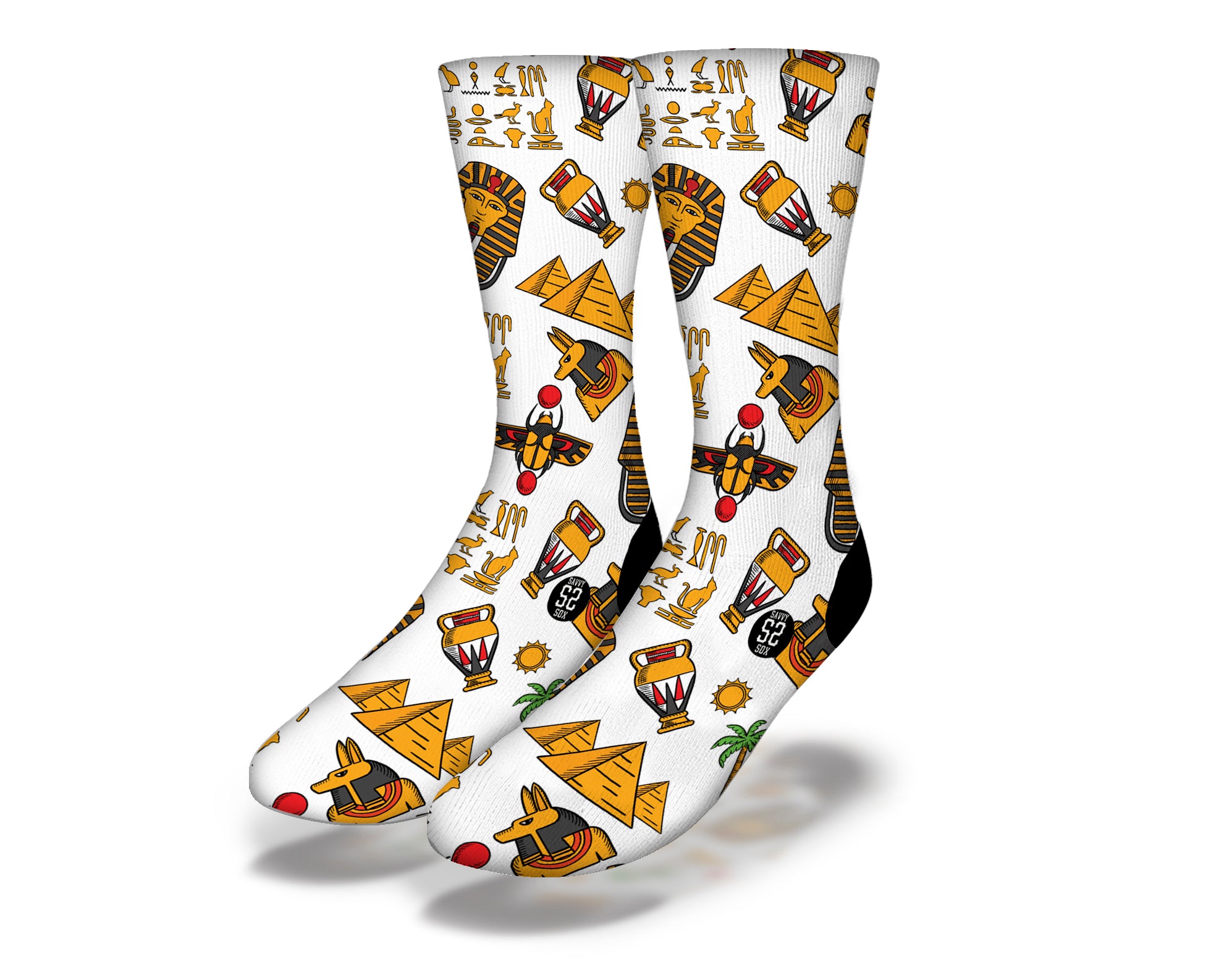 Colorful HORUS OSIRIS EGYPTIAN SYMBOLS socks featuring bright orange, red, and black accents, showcasing ancient Egyptian designs.