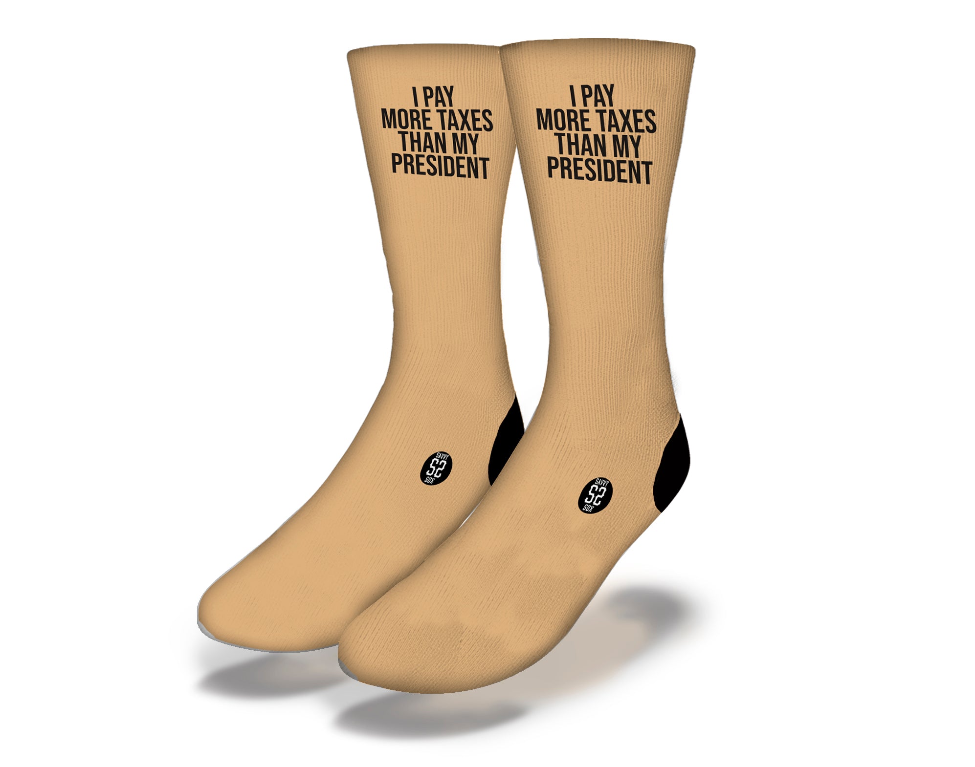 Brown I Pay More Taxes Socks featuring humorous tax-themed design.