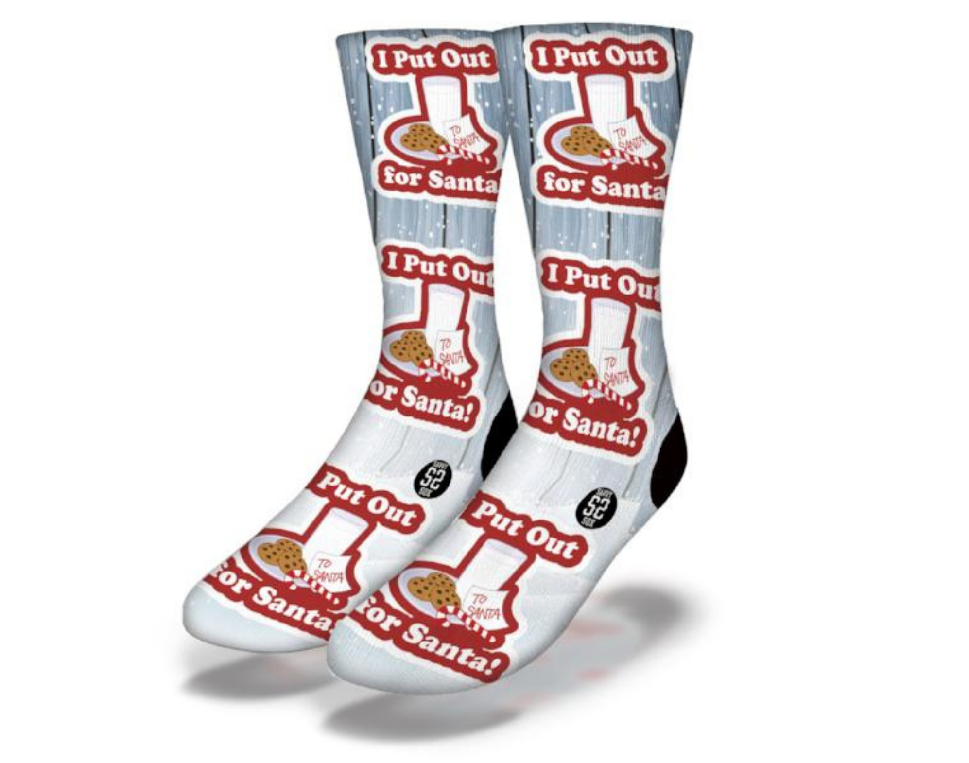 A pair of funny Christmas socks with the phrase 'I PUT OUT (CHRISTMAS COOKIES) FOR SANTA', featuring festive colors and playful design.