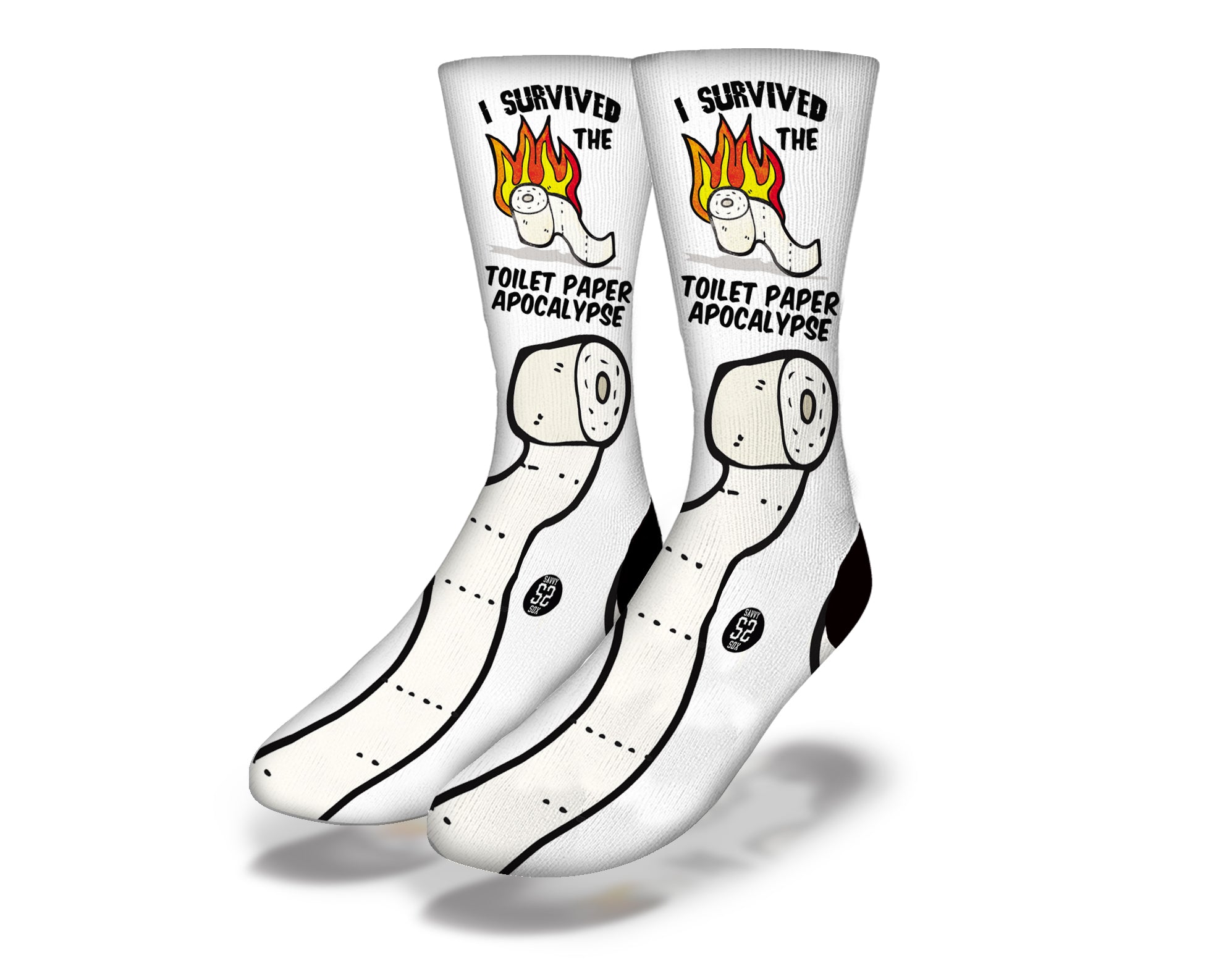 A pair of funny socks featuring the phrase 'I Survived the Toilet Paper Apocalypse', designed for humor during quarantine and Halloween.