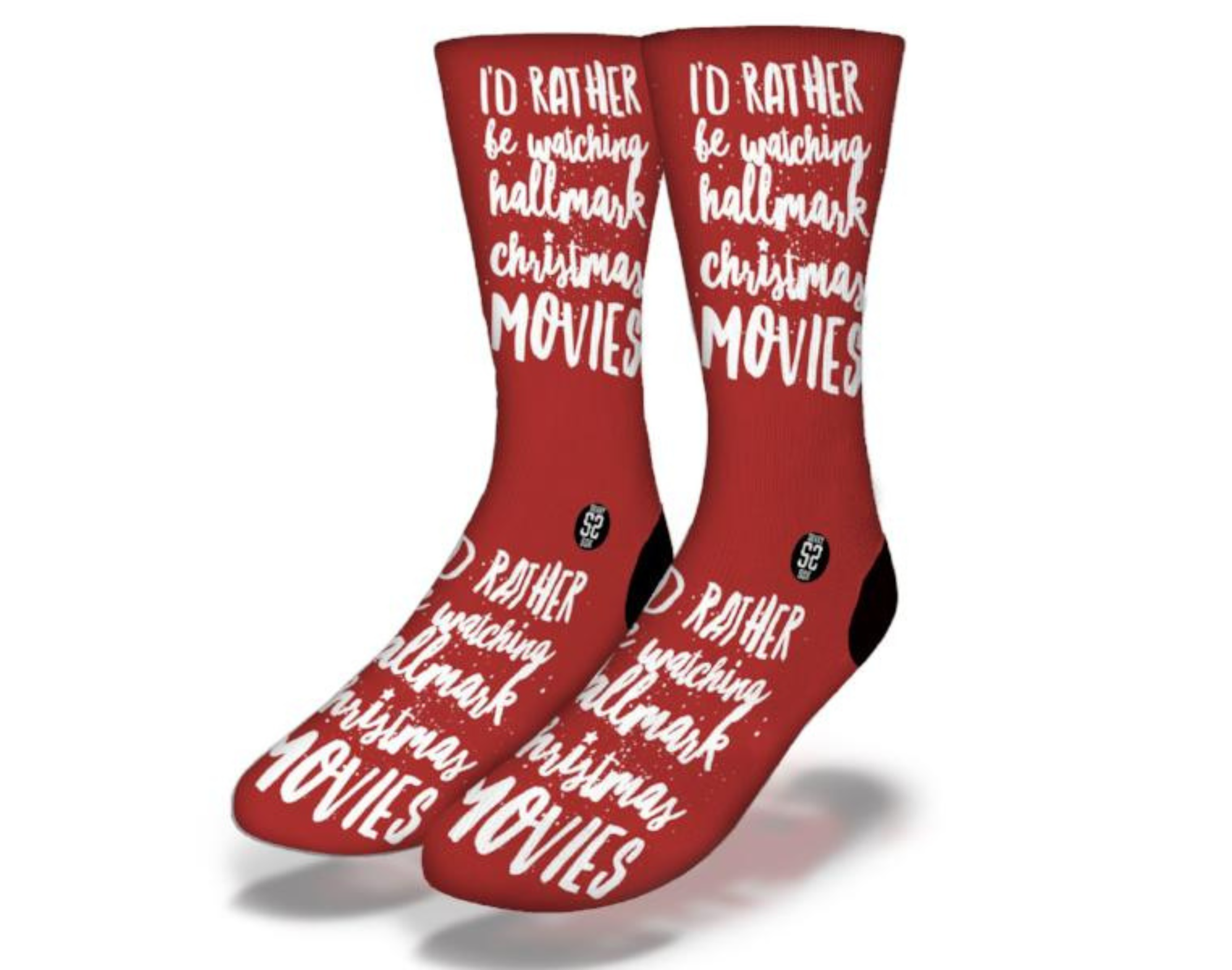 Red Christmas socks with the phrase 'I'D RATHER BE BINGEWATCHING CHRISTMAS MOVIES', perfect for holiday movie nights.