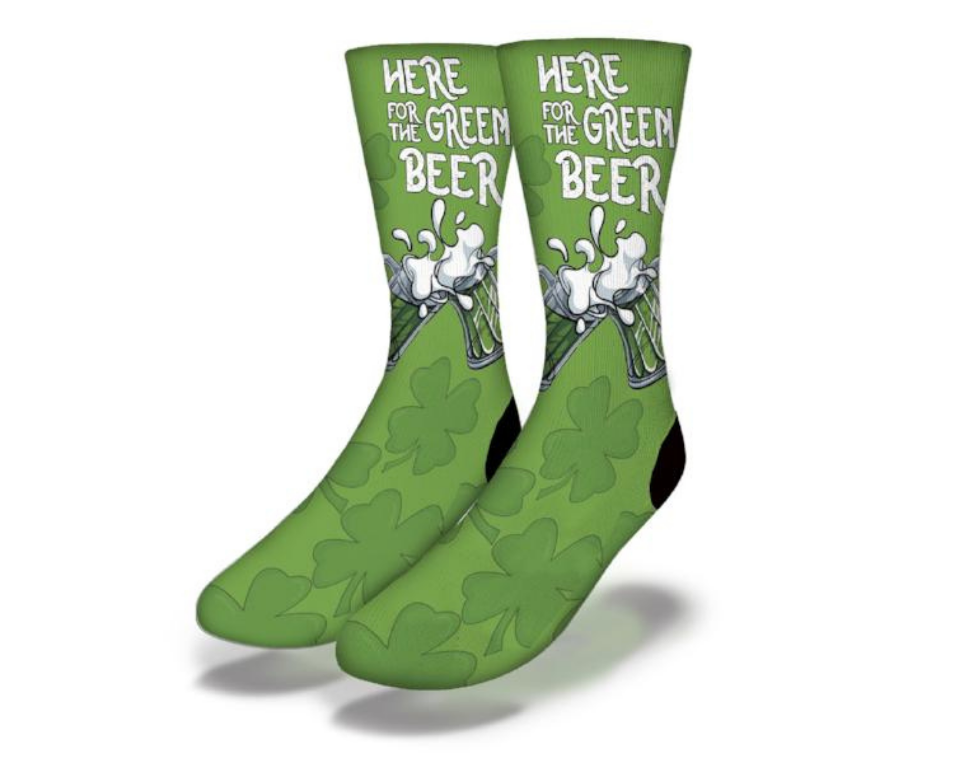 A pair of vibrant green socks with a funny St. Patrick's Day design featuring beer mugs and shamrocks, perfect for festive celebrations.