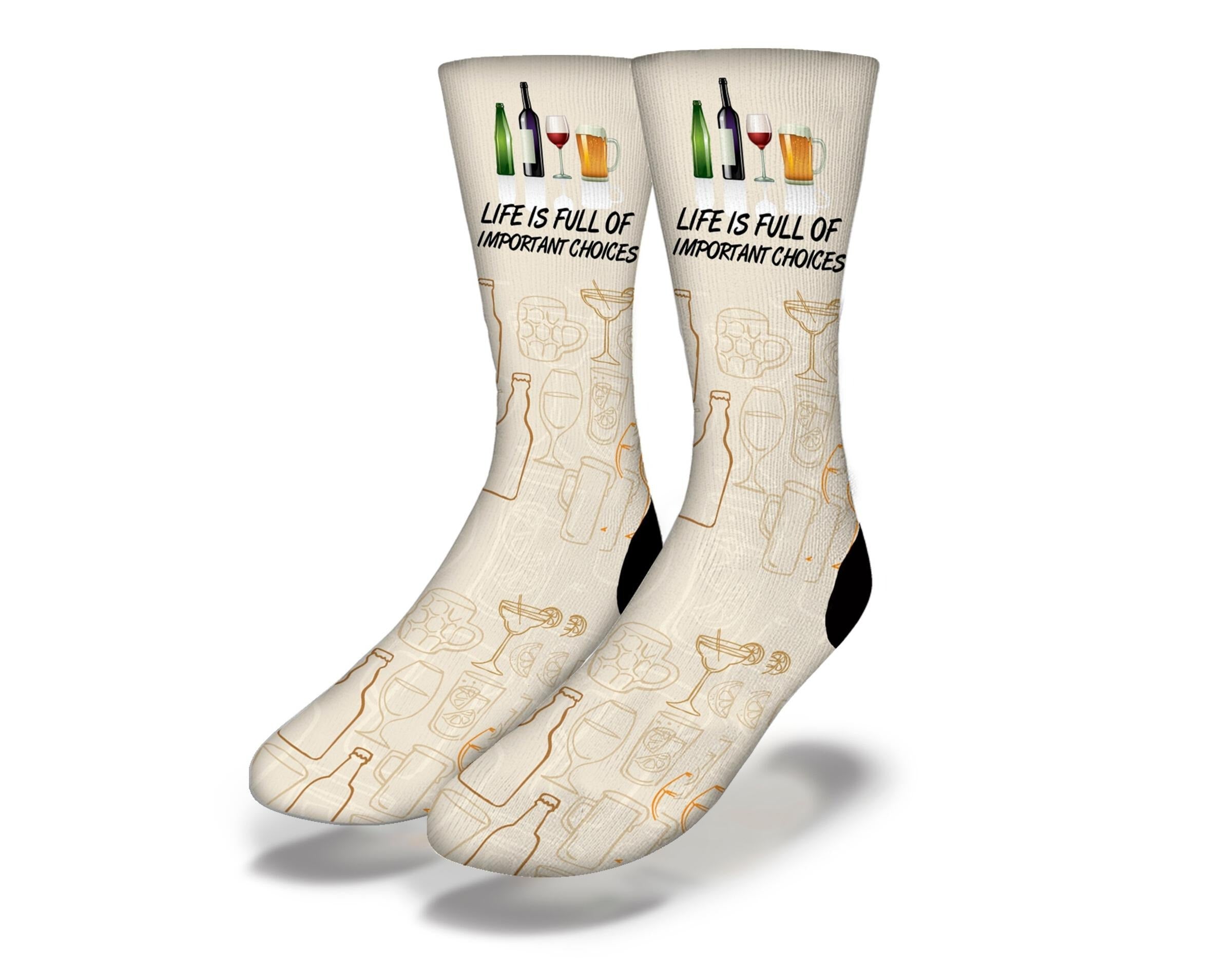 A pair of colorful socks featuring fun alcohol-themed designs, perfect for parties and casual wear.