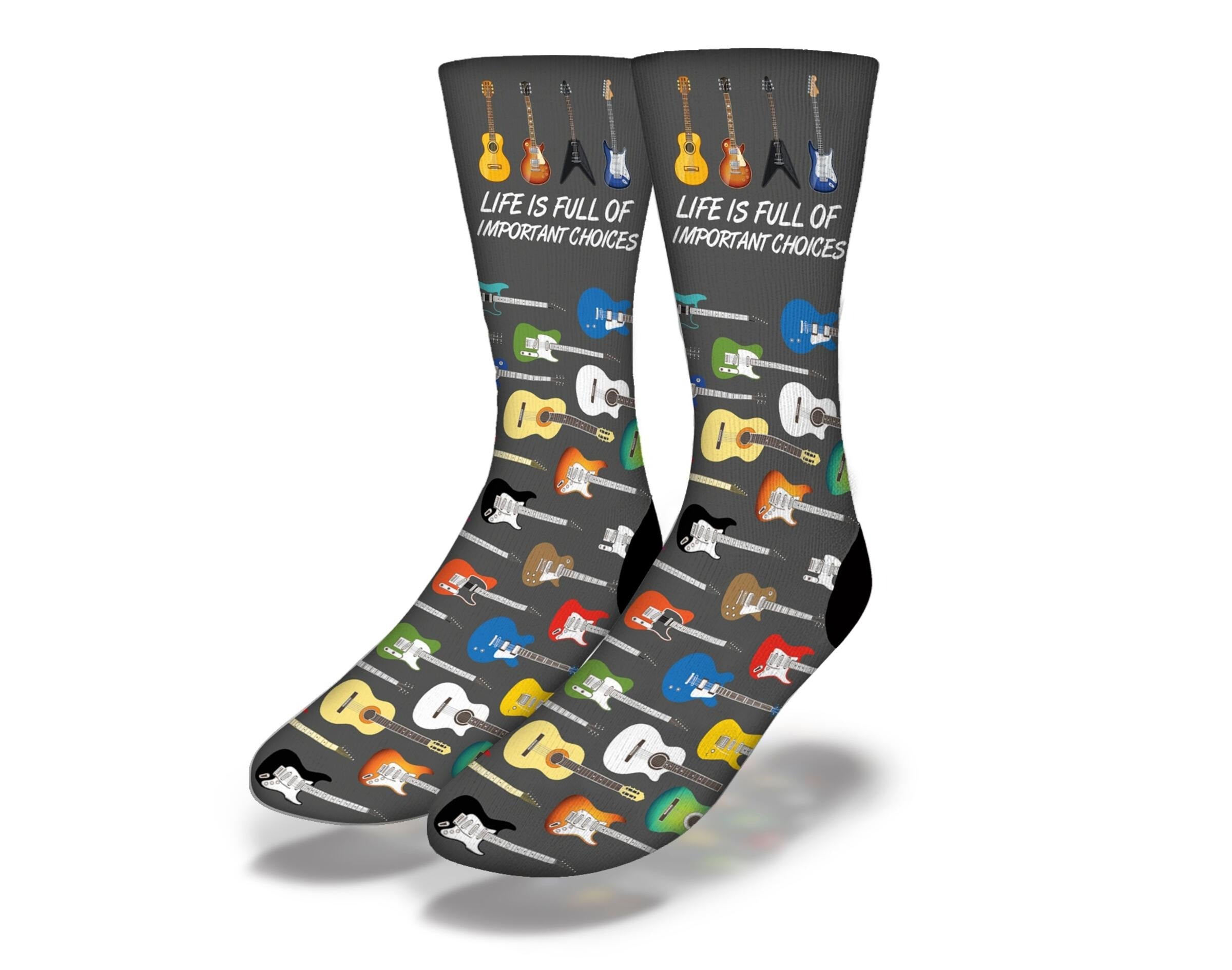 A pair of colorful socks featuring a vibrant guitar design, perfect for music lovers.