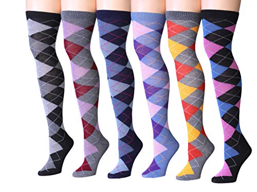 Isadora Paccini Women's 6 Pairs Argyle Over The Knee Socks in various colors and patterns, showcasing their stylish design and comfortable fit.