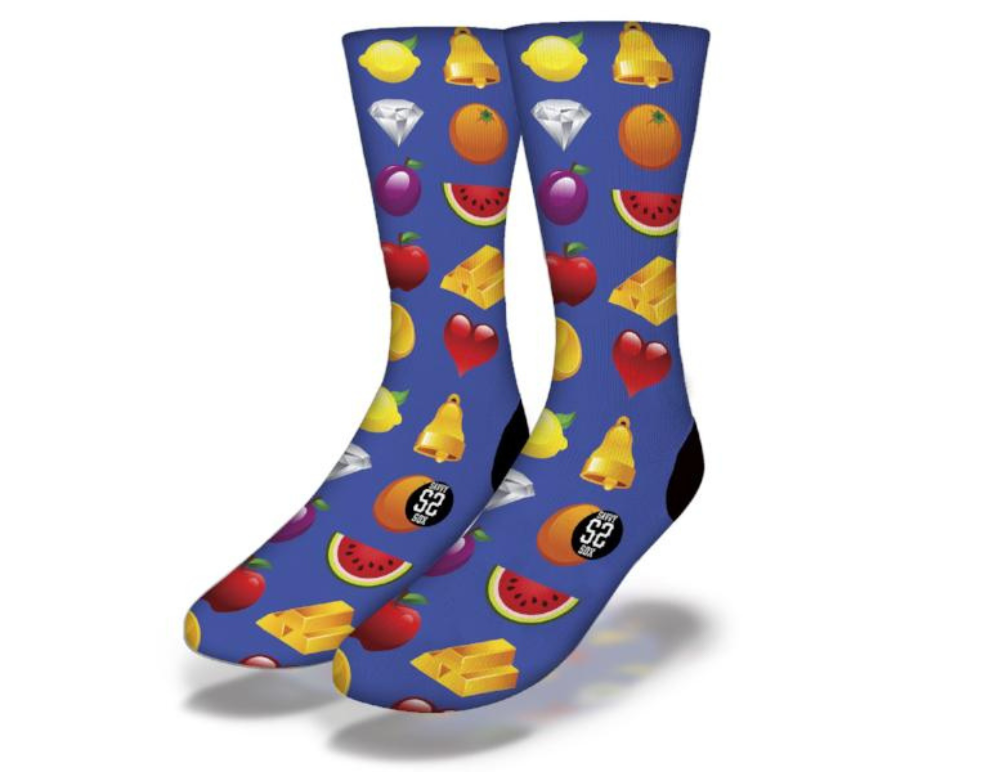 Colorful JACKPOT PARTY casino themed socks featuring fruit, hearts, diamonds, gold, and bells, perfect for game nights.