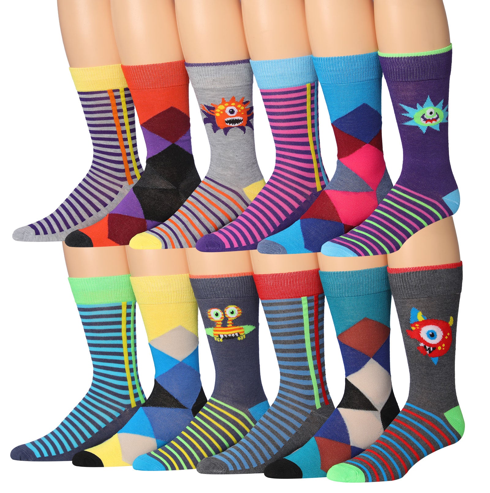 A colorful assortment of James Fiallo men's crew socks featuring funny faces and striped patterns, perfect for adding fun to any outfit.