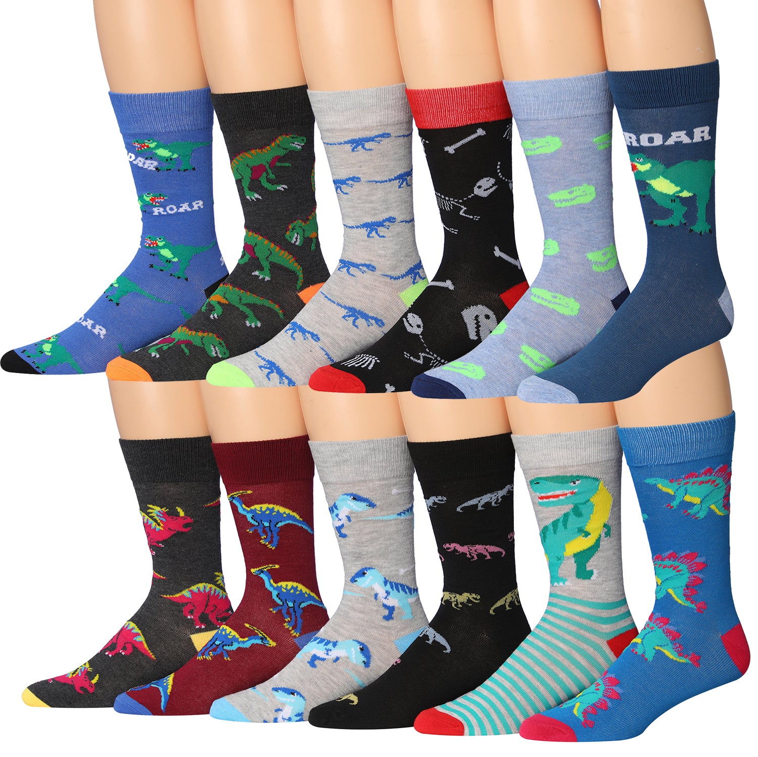 A colorful assortment of James Fiallo men's crew socks featuring funny faces and striped patterns, perfect for adding fun to any outfit.