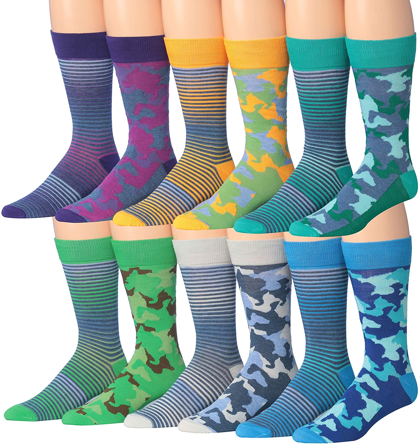 A colorful assortment of James Fiallo men's crew socks featuring funny faces and striped patterns, perfect for adding fun to any outfit.