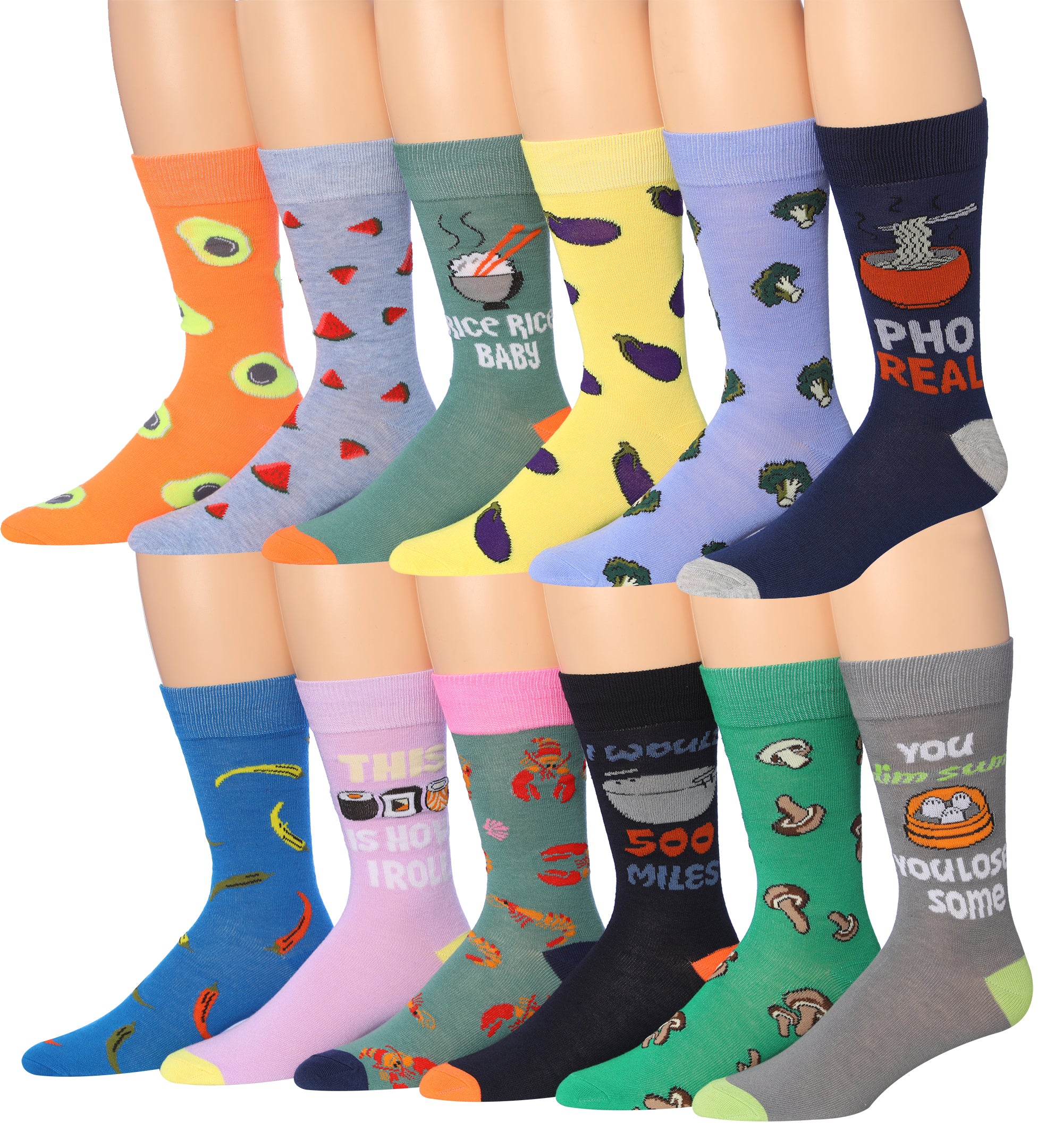 A colorful assortment of James Fiallo men's crew socks featuring funny faces and striped patterns, perfect for adding fun to any outfit.